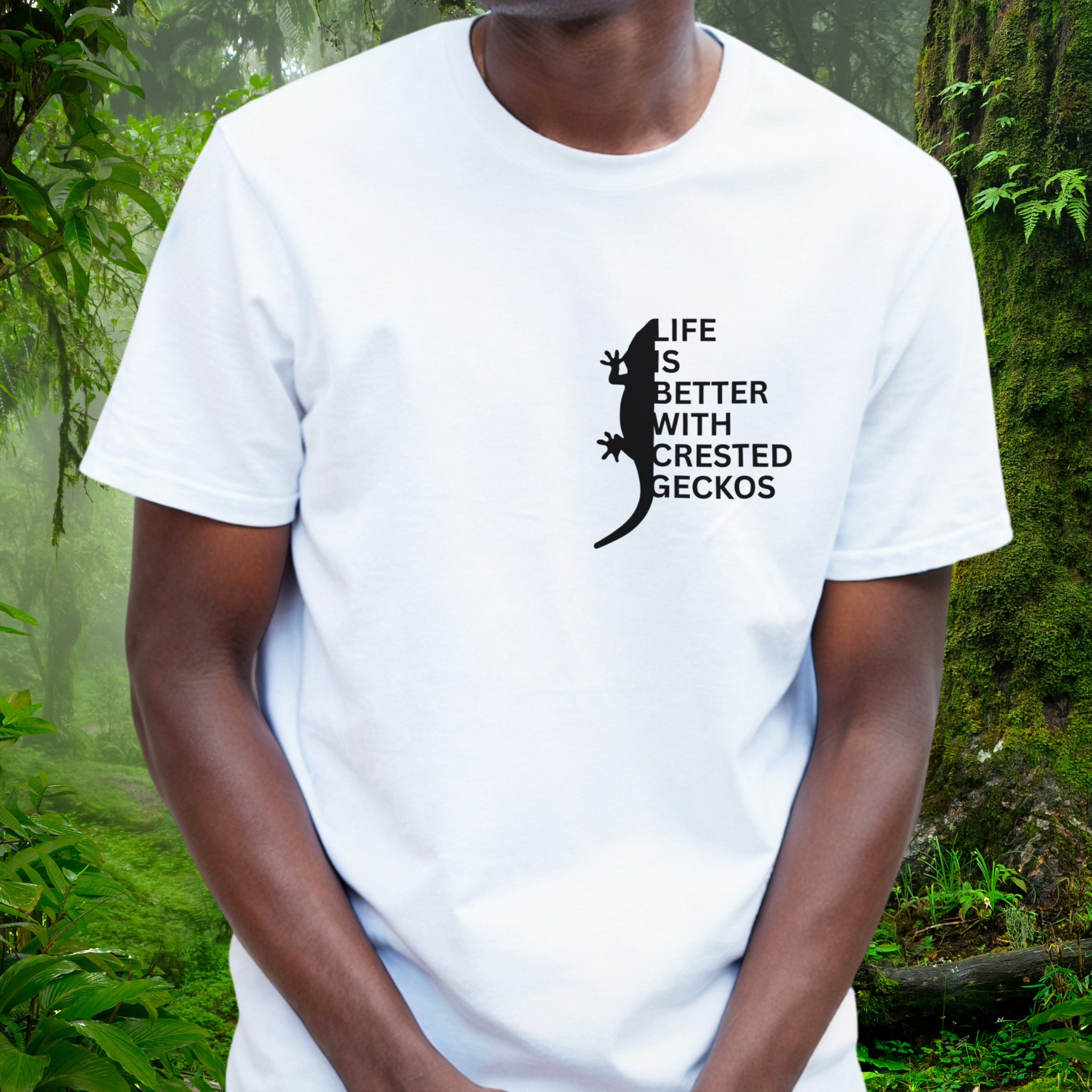 Man wearing a white Crested Gecko shirt from the Life is better Collection