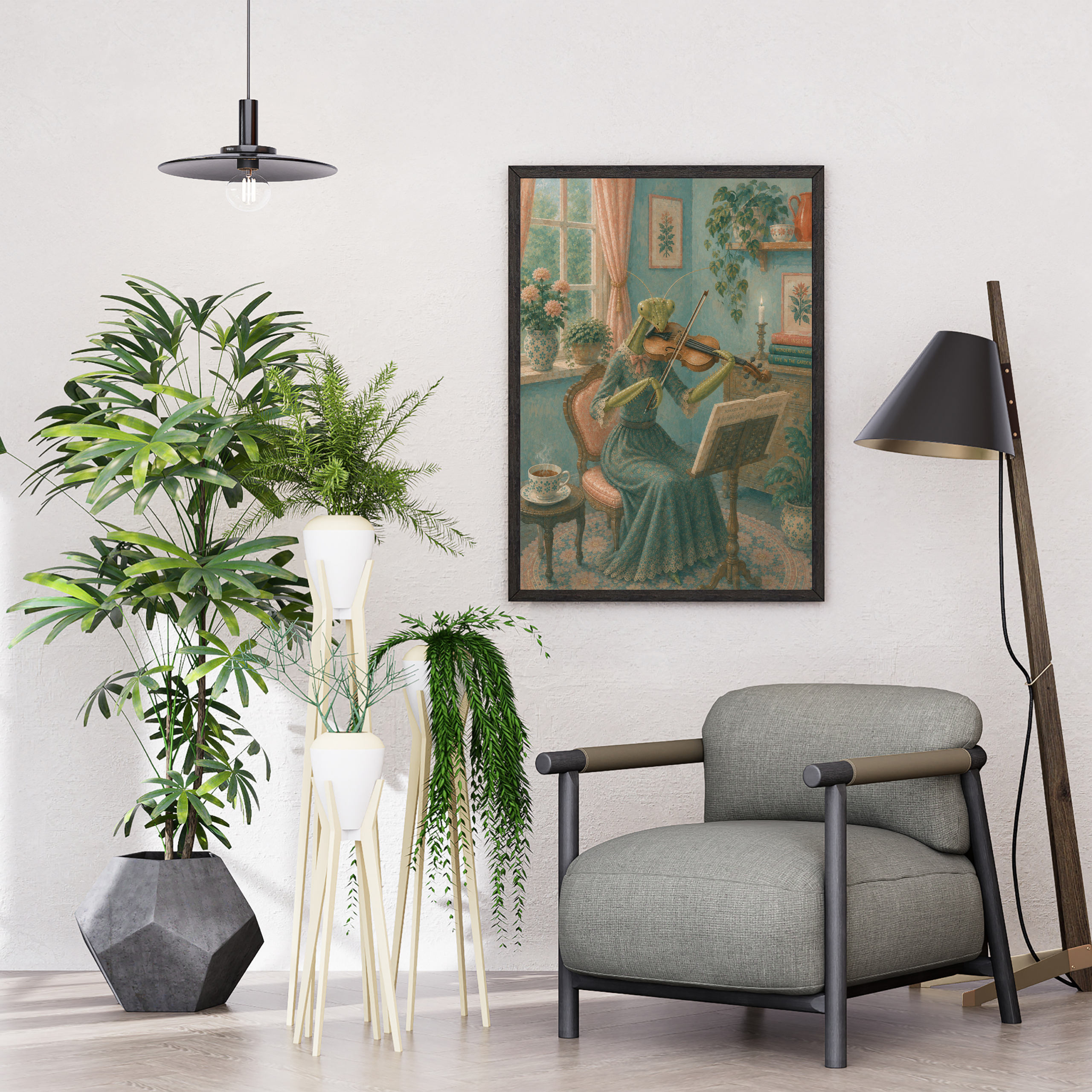 Artistic poster of a mantis playing the violin in an elegant vintage interior
