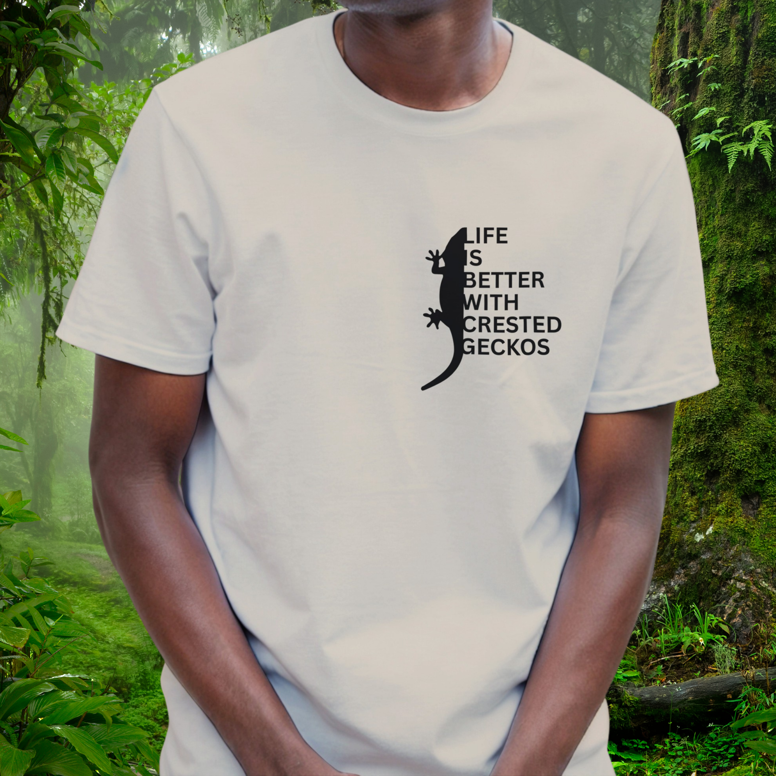 Man wearing a sand Crested Gecko shirt from the Life is better Collection