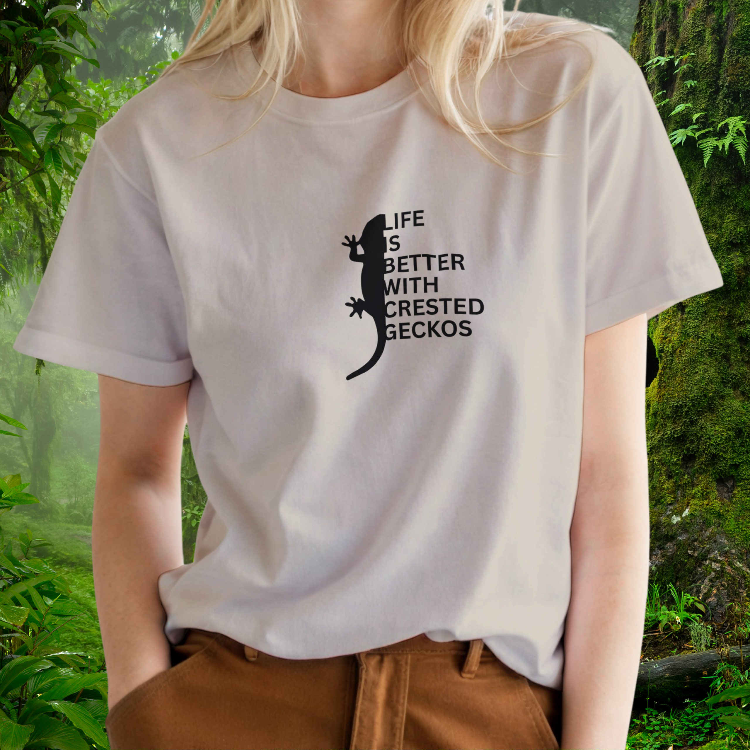Woman wearing a sand Crested Gecko shirt from the Life is better Collection