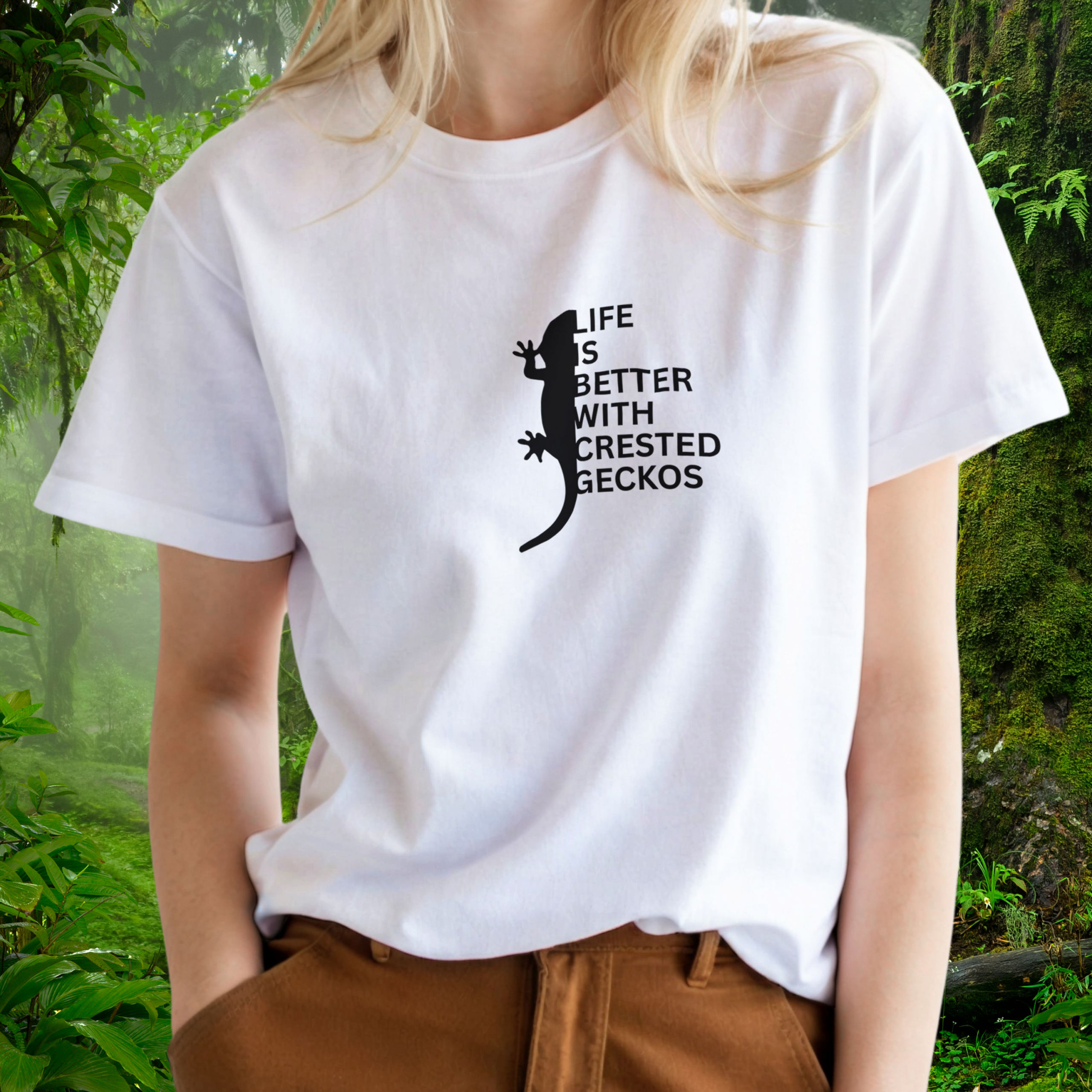 Woman wearing a white Crested Gecko shirt from the Life is better Collection