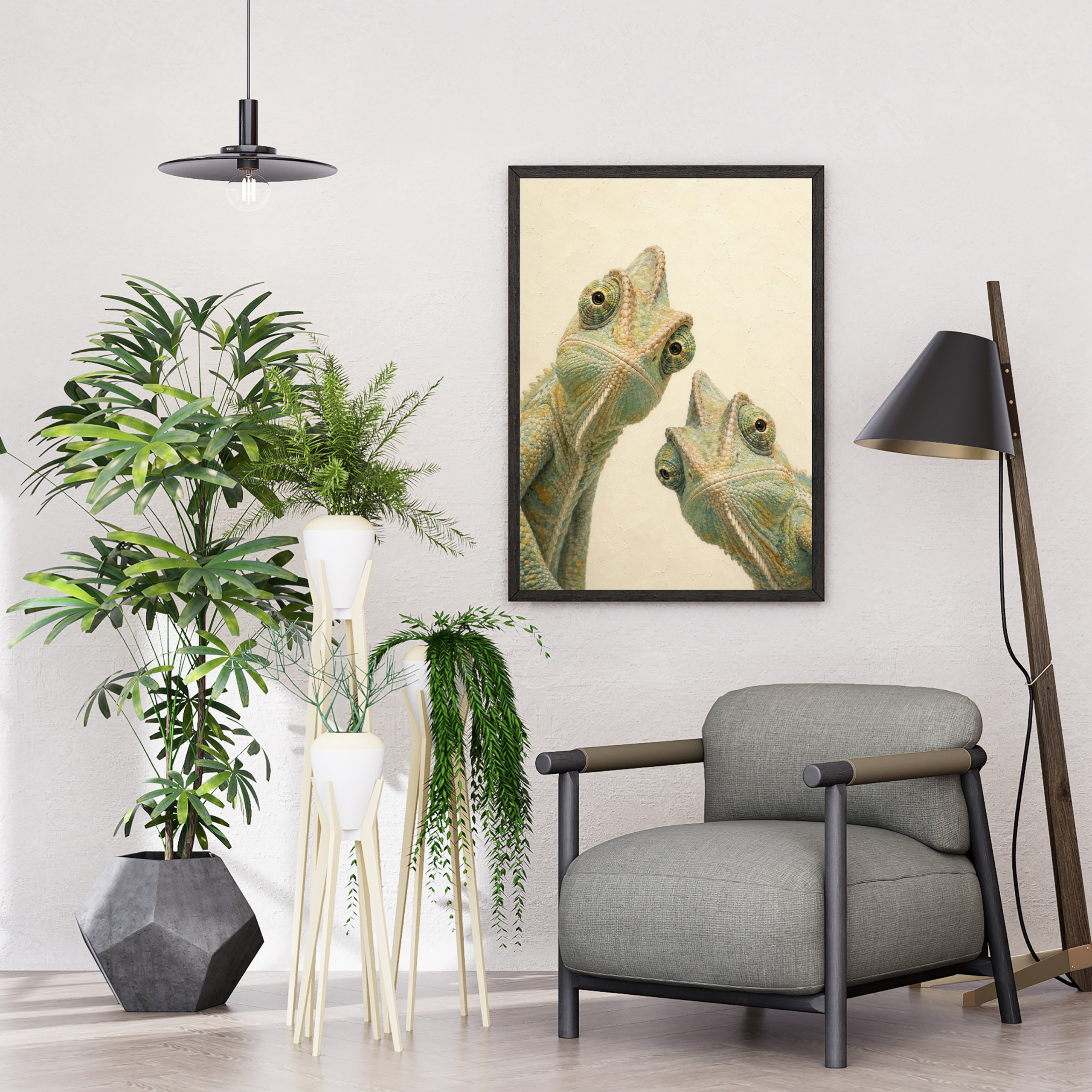 Artistic poster of two chameleons with a textured, hand-painted appearance