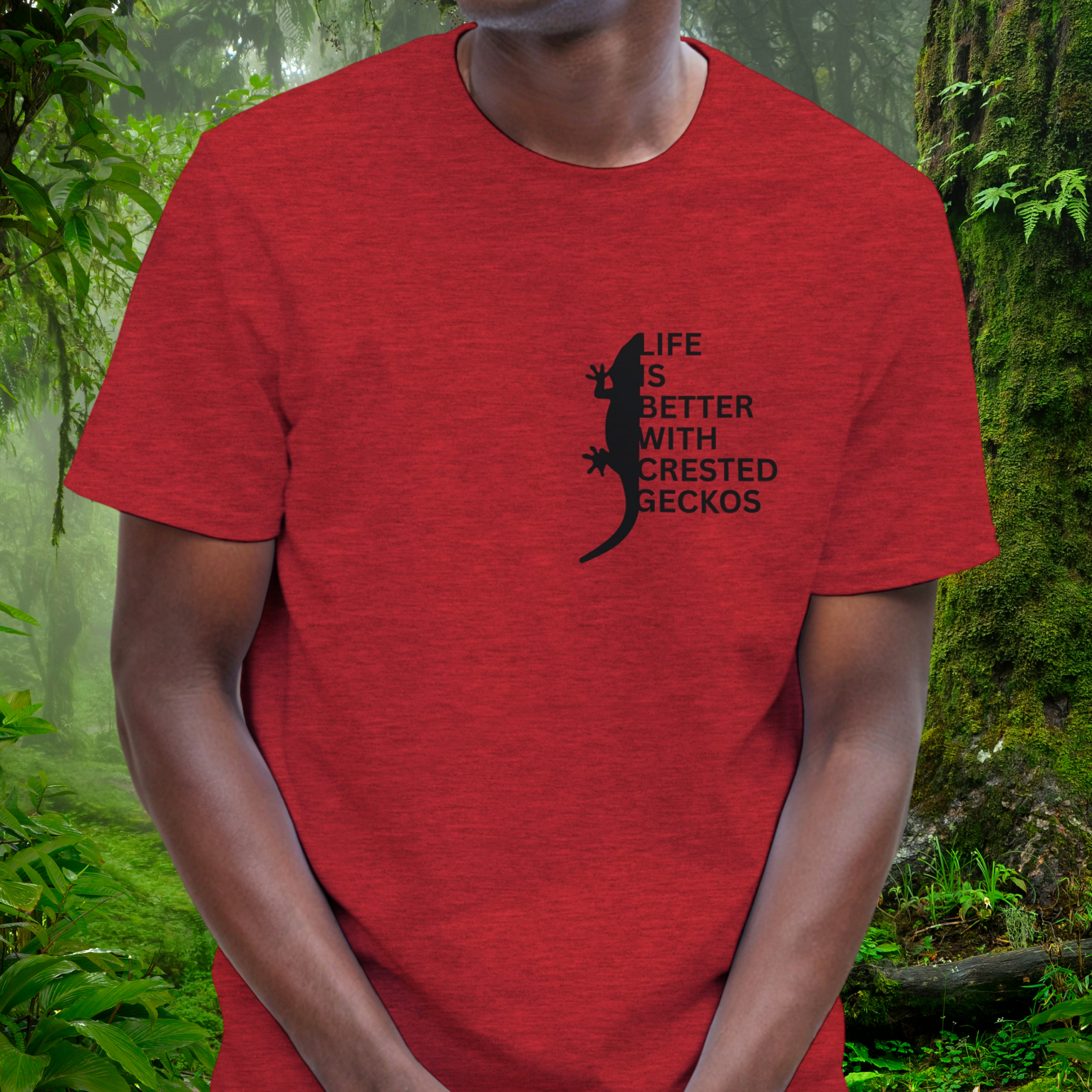 Man wearing a heather red Crested Gecko shirt from the Life is better Collection