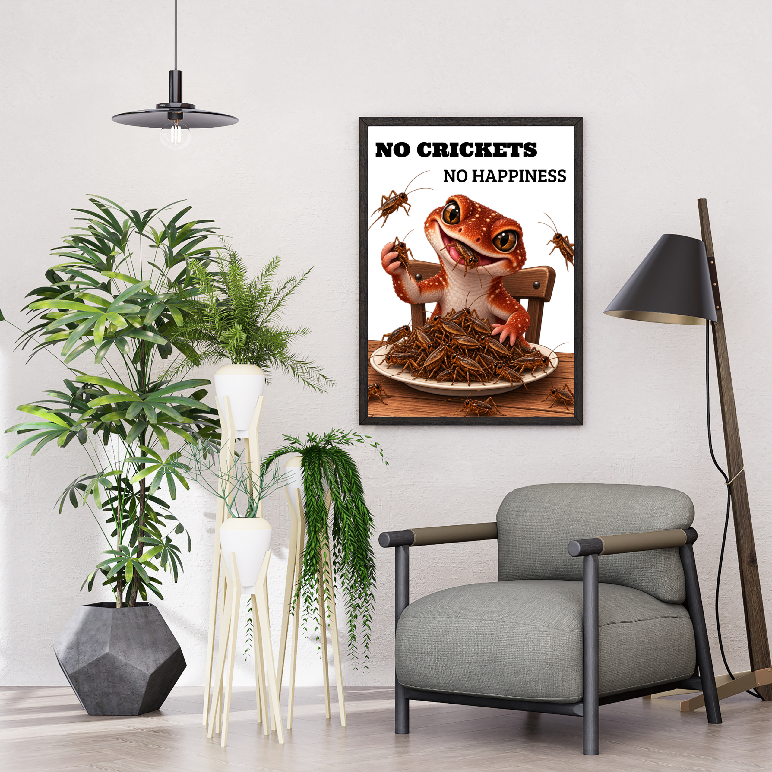 Funny gecko eating crickets – No Crickets No Happiness reptile poster