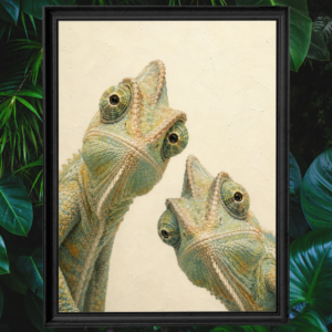 Artistic poster of two chameleons with a textured, hand-painted appearance