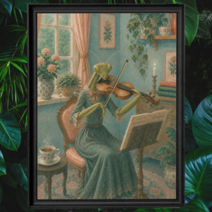Artistic poster of a mantis playing the violin in an elegant vintage interior