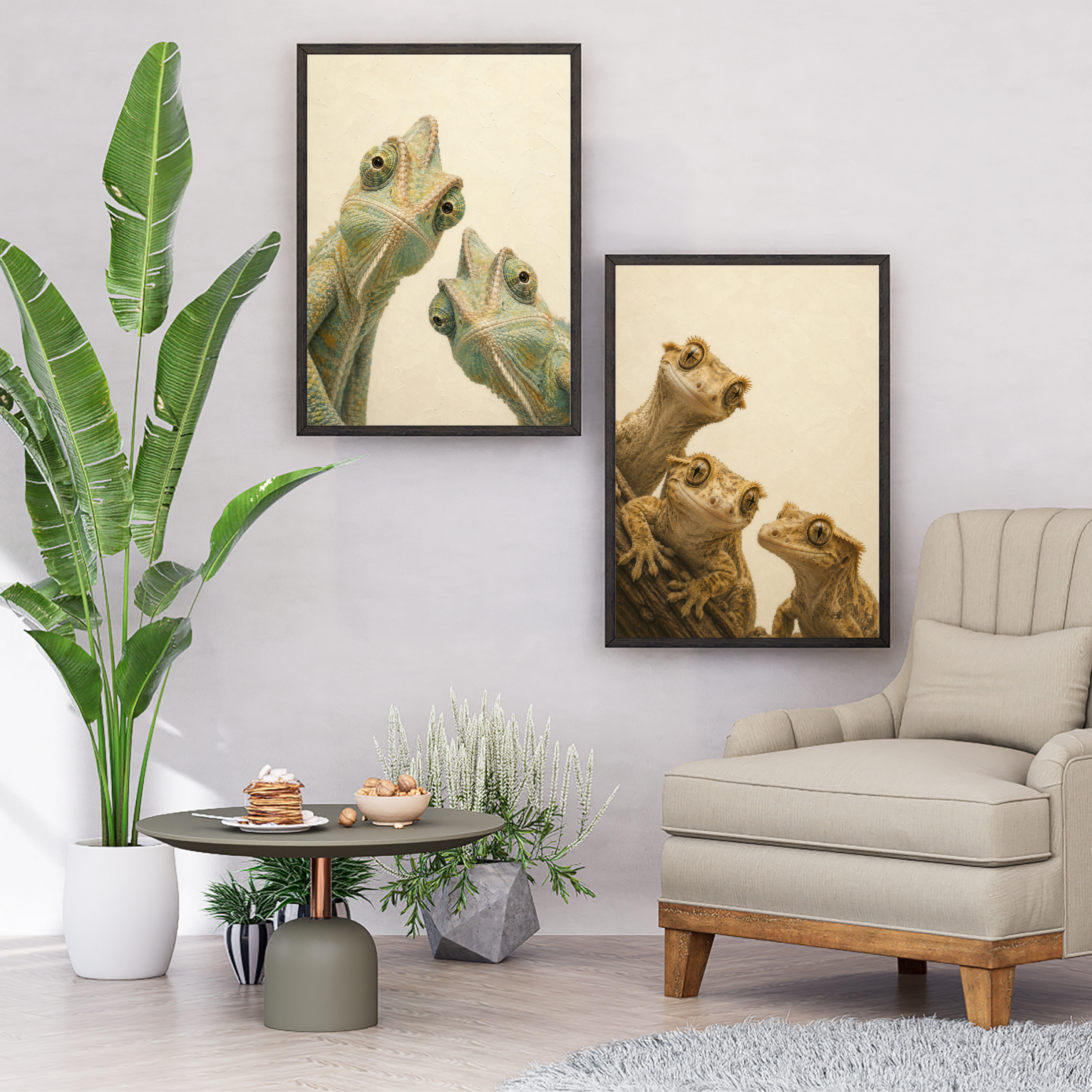 Artistic poster showing three crested geckos with distinctive large eyes