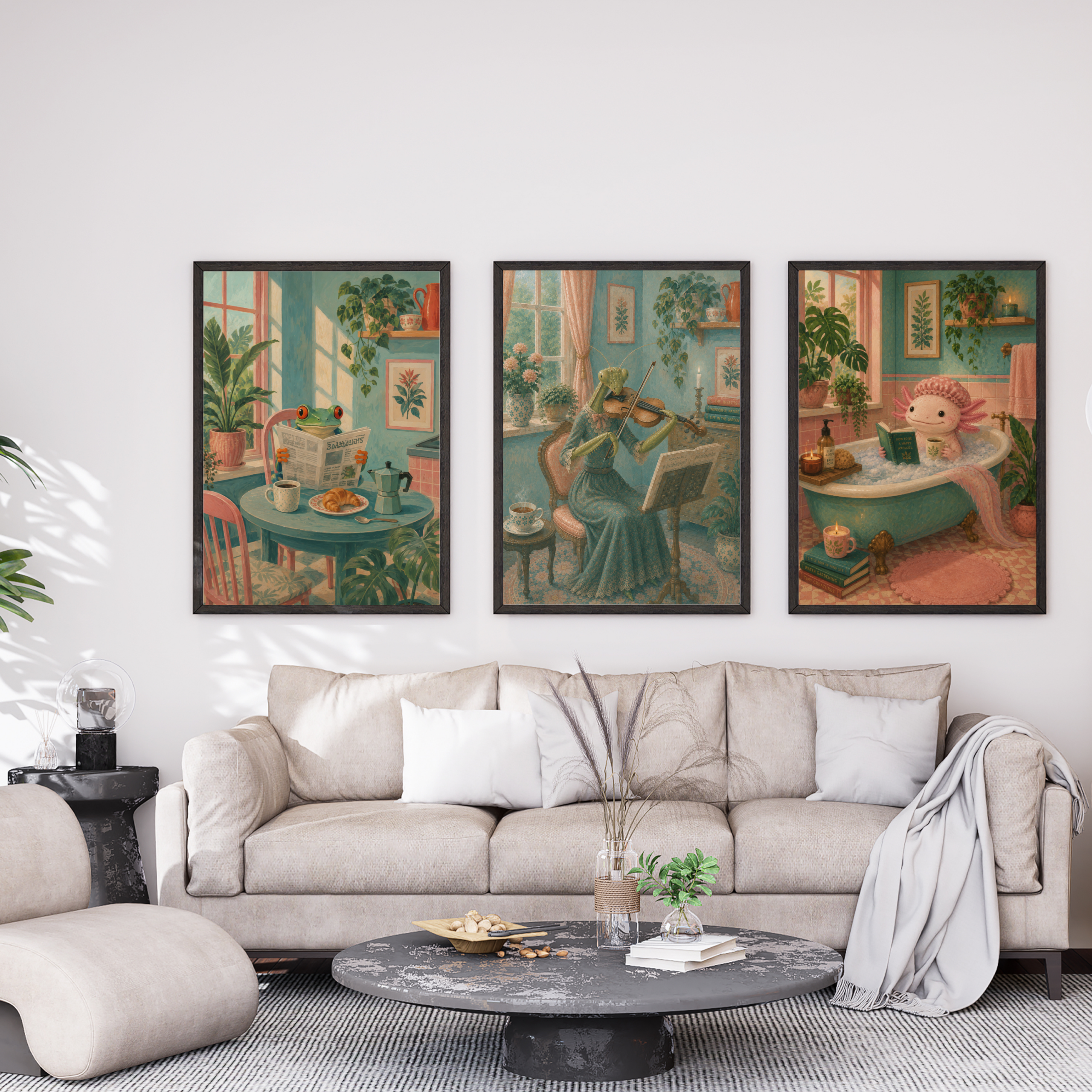 Artistic poster of a mantis playing the violin in an elegant vintage interior