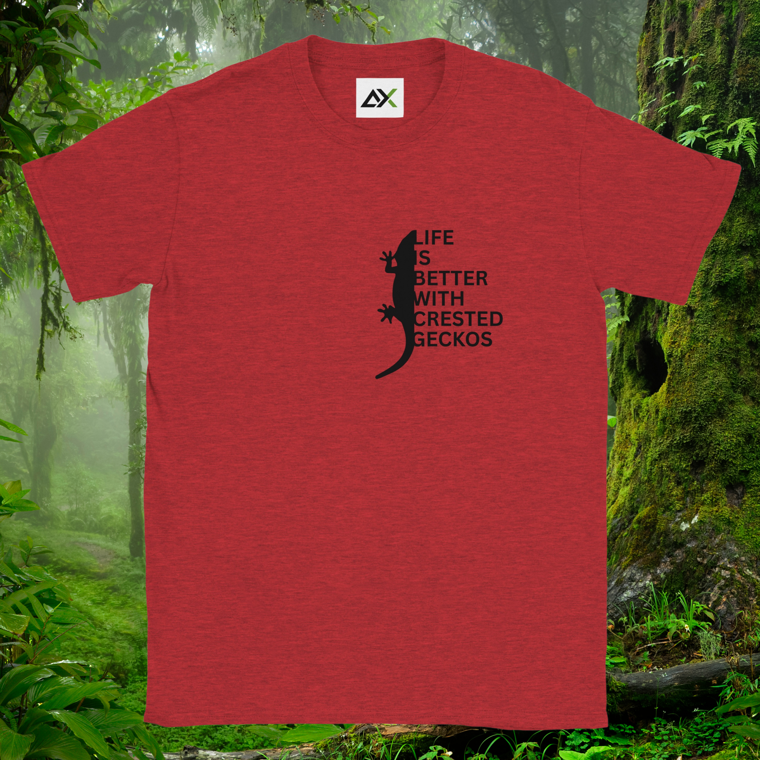 Heather red Crested Gecko shirt from the Life is better Collection