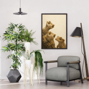 Poster – crested geckos – example 1 Artistic poster showing three crested geckos with distinctive large eyes