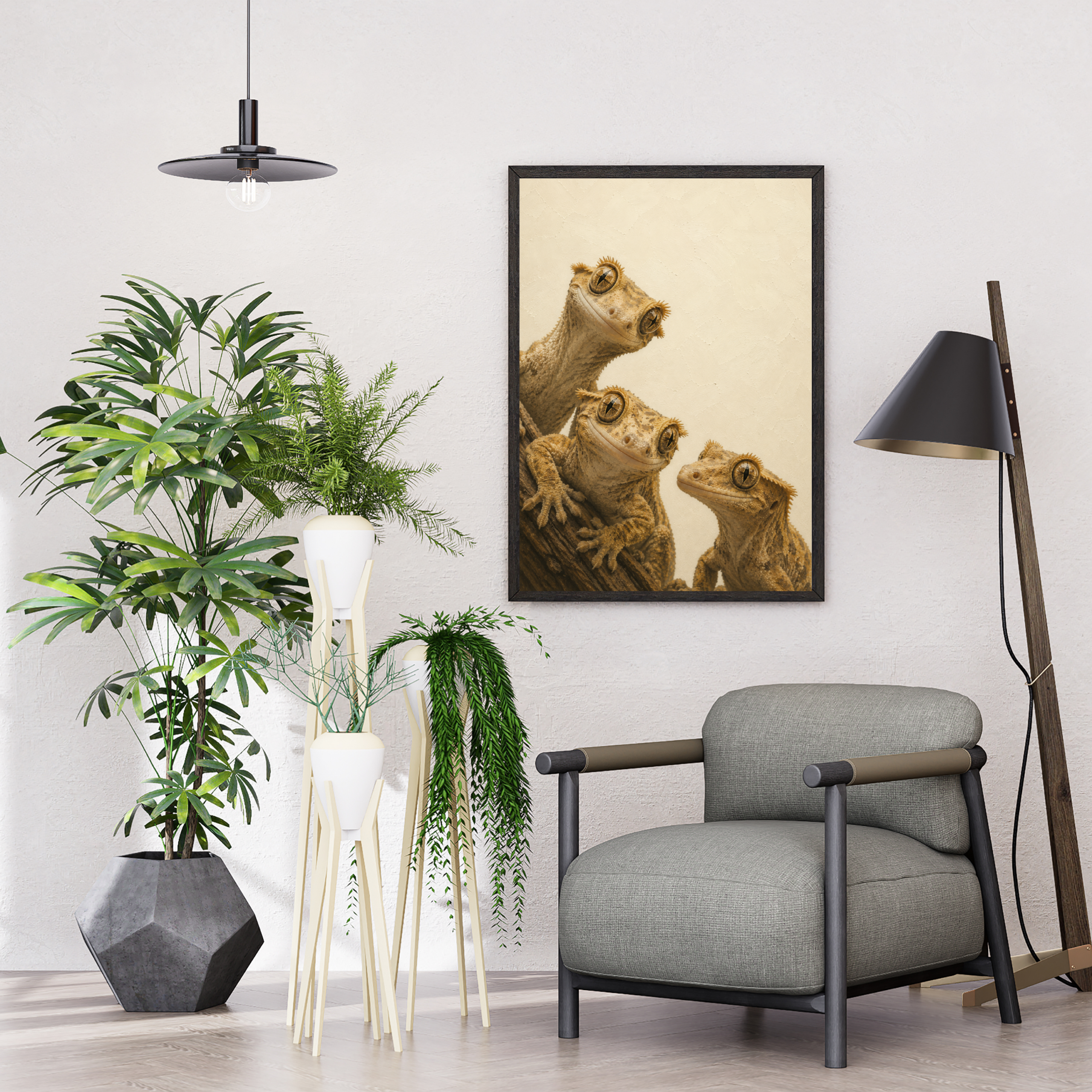 Artistic poster showing three crested geckos with distinctive large eyes