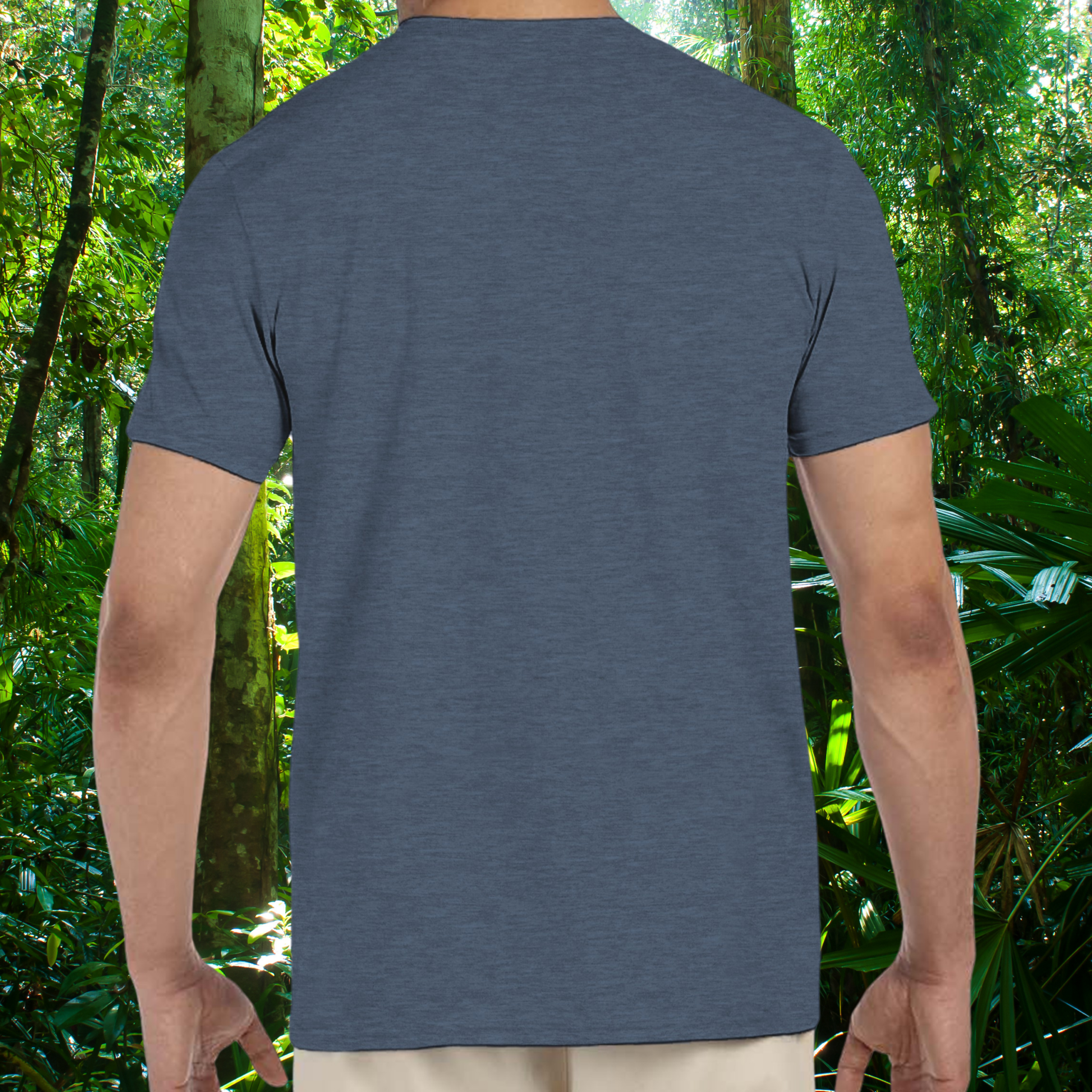 Back view of the heather navy Frog shirt from the Life is better Collection
