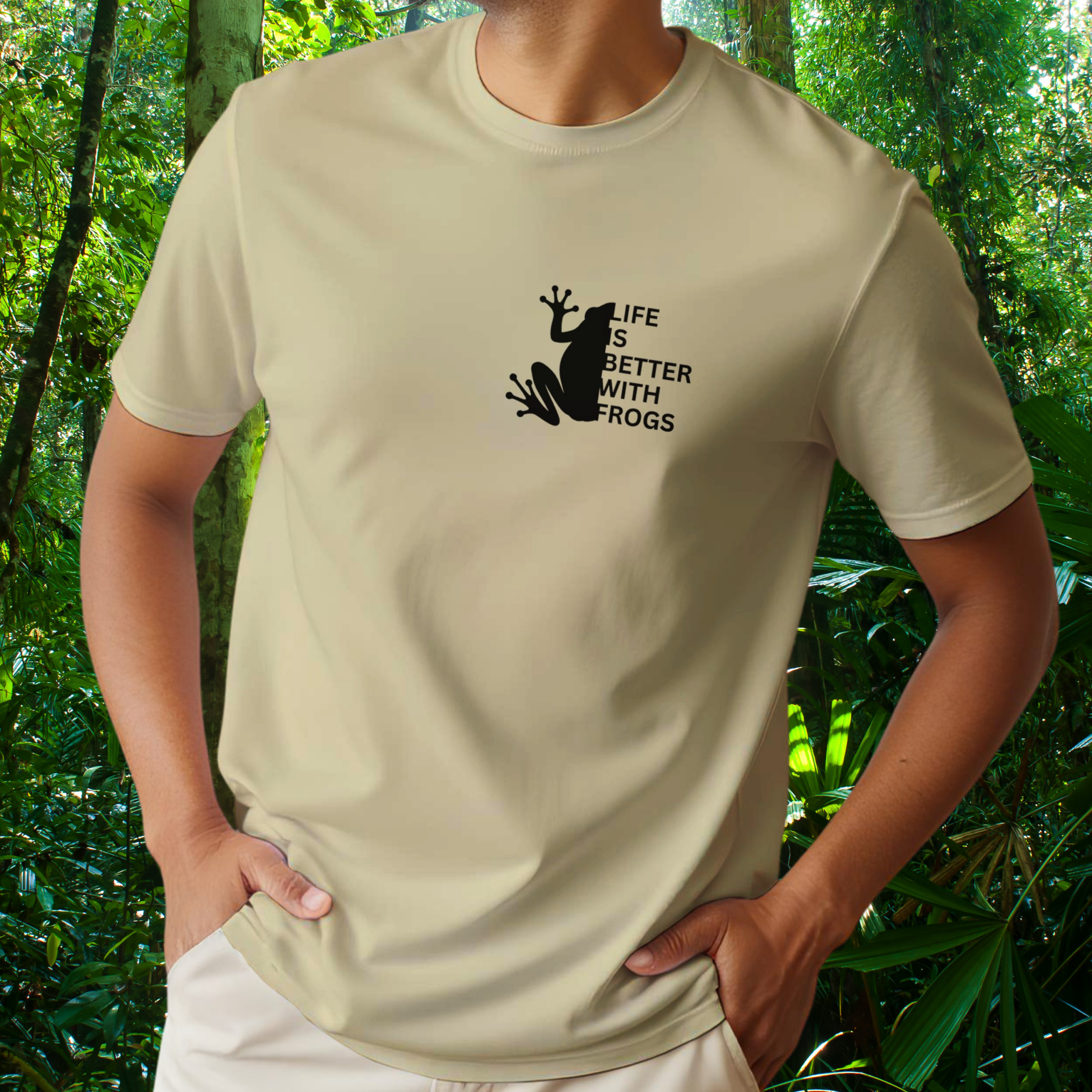 Man wearing a natural Frog shirt from the Life is better Collection