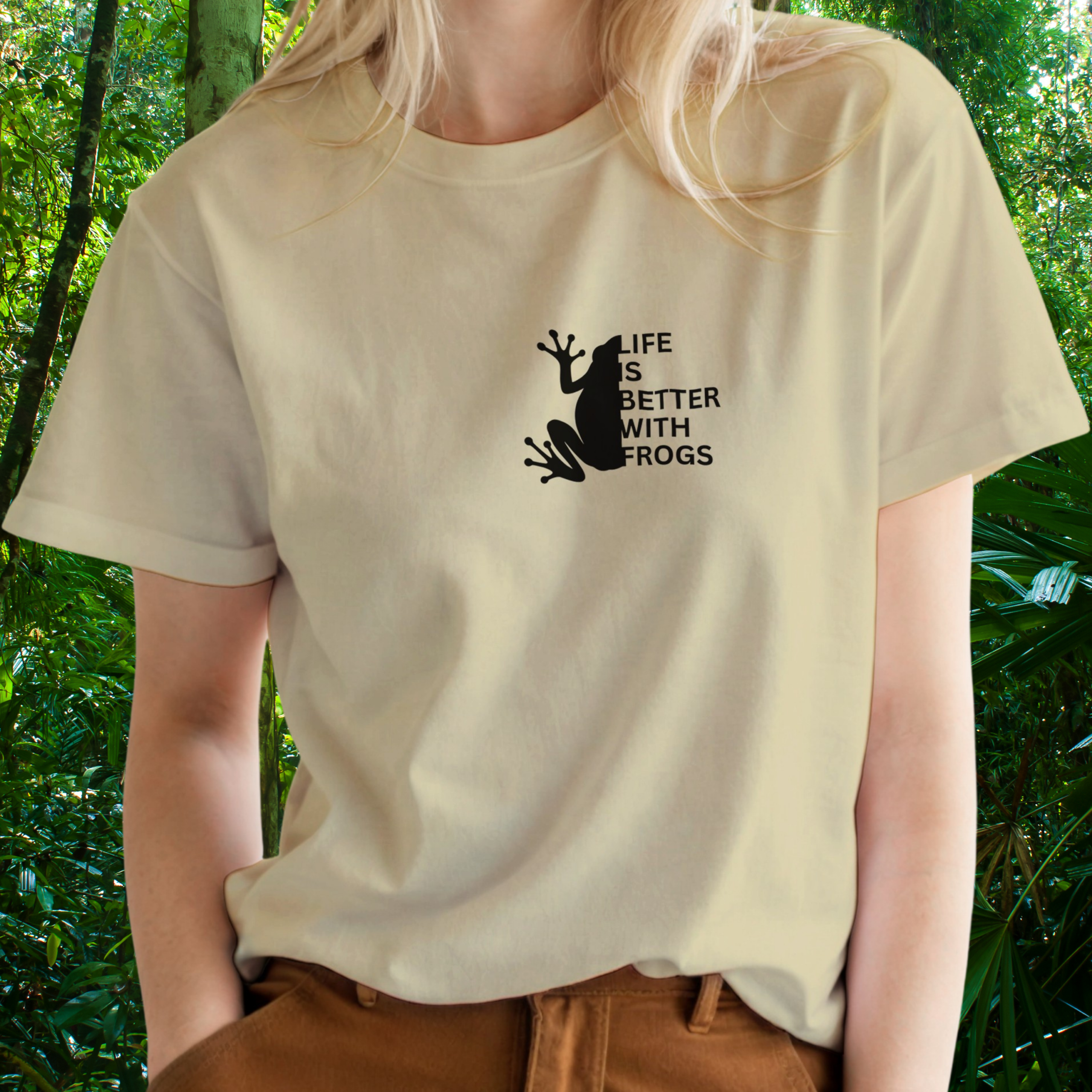 Woman wearing a natural Frog shirt from the Life is better Collection