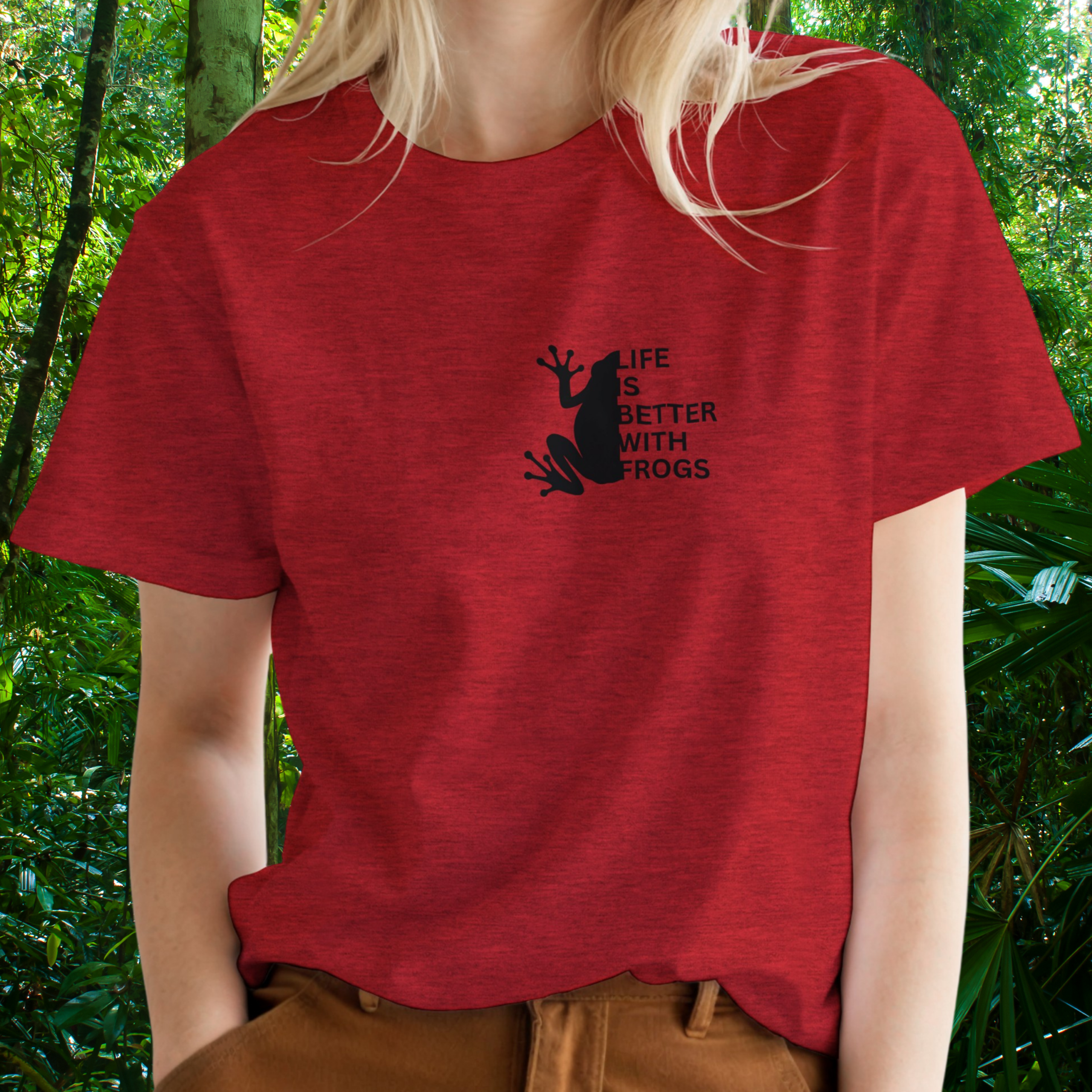 Woman wearing a heather red Frog shirt from the Life is better Collection