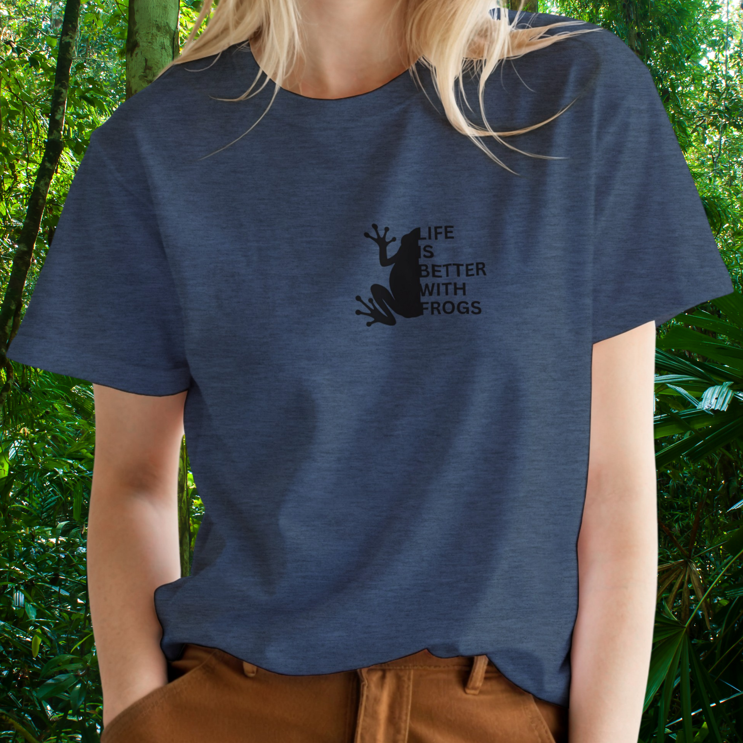 Woman wearing a heather navy Frog shirt from the Life is better Collection