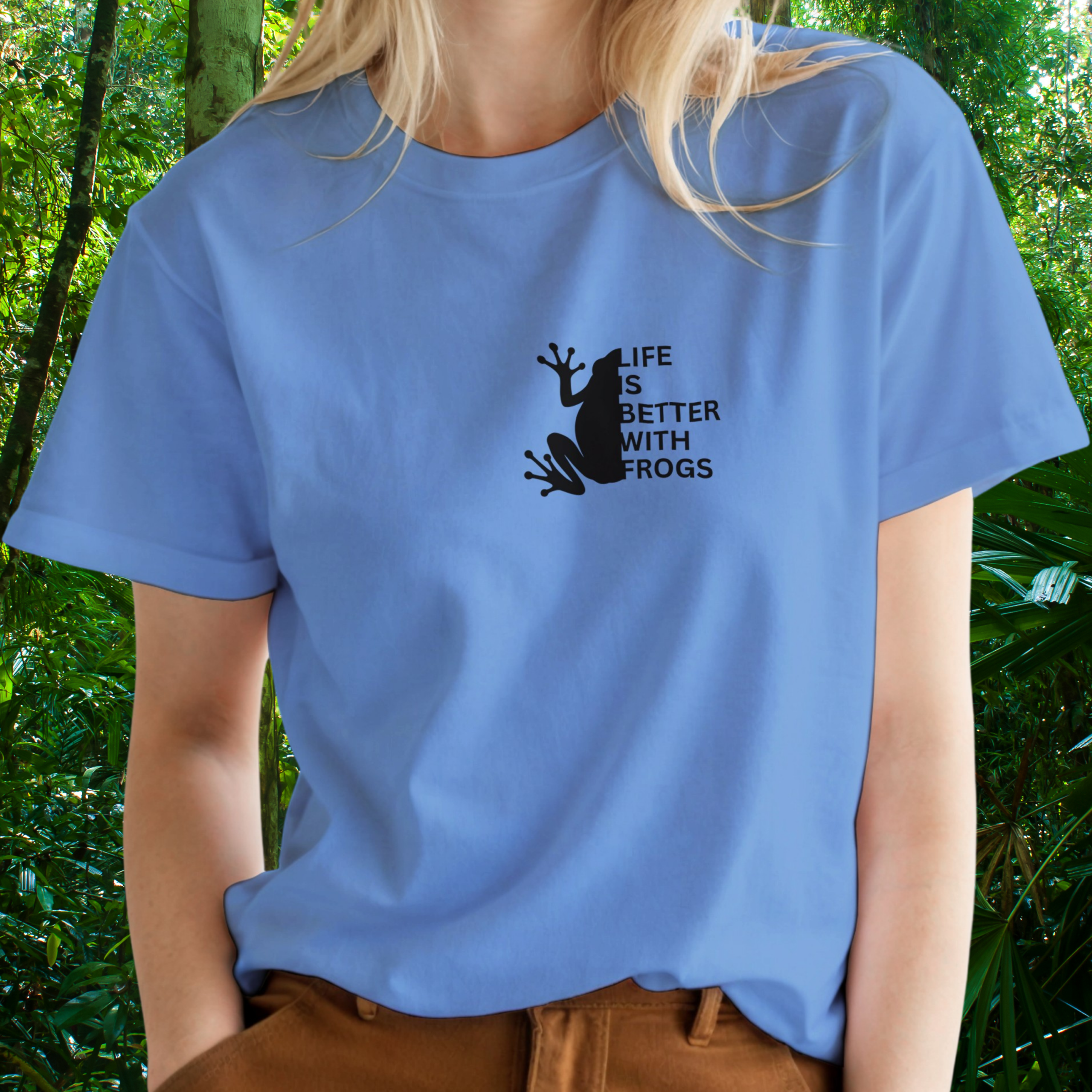 Woman wearing a Carolina blue Frog shirt from the Life is better Collection