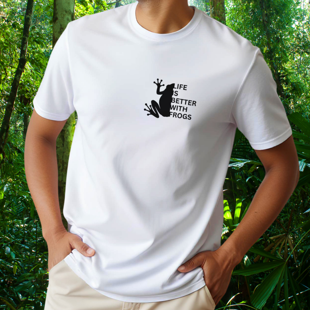 Man wearing a white Frog shirt from the Life is better Collection