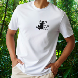 Man wearing a white Frog shirt from the Life is better Collection