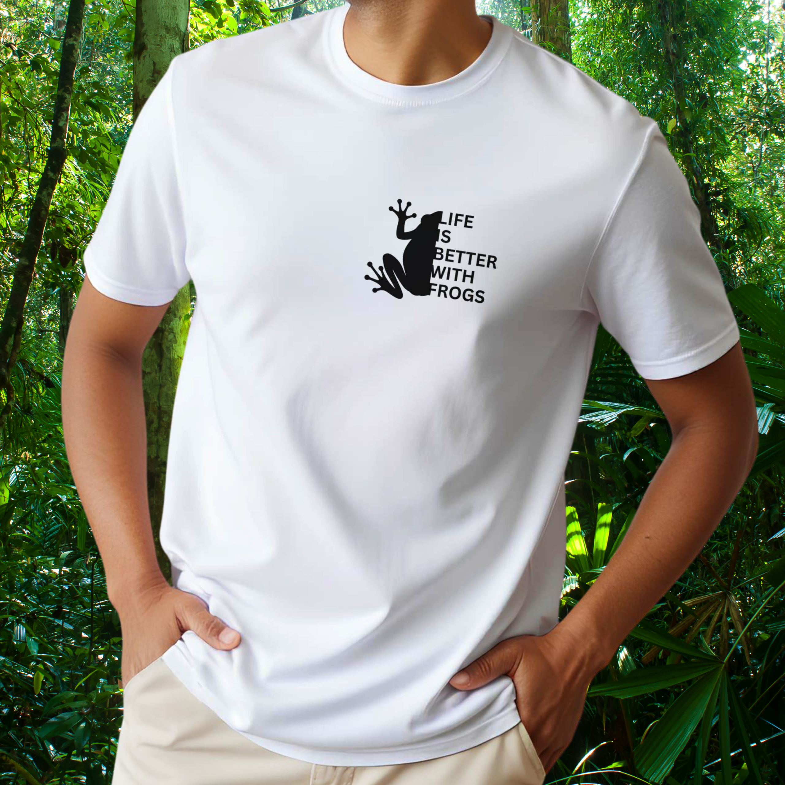 Man wearing a white Frog shirt from the Life is better Collection