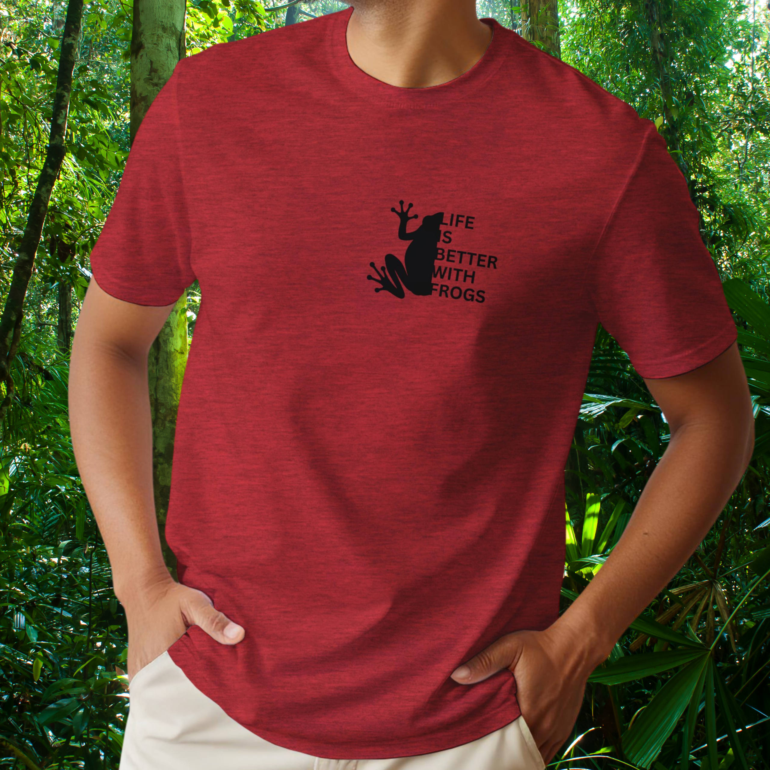 Man wearing a heather red Frog shirt from the Life is better Collection