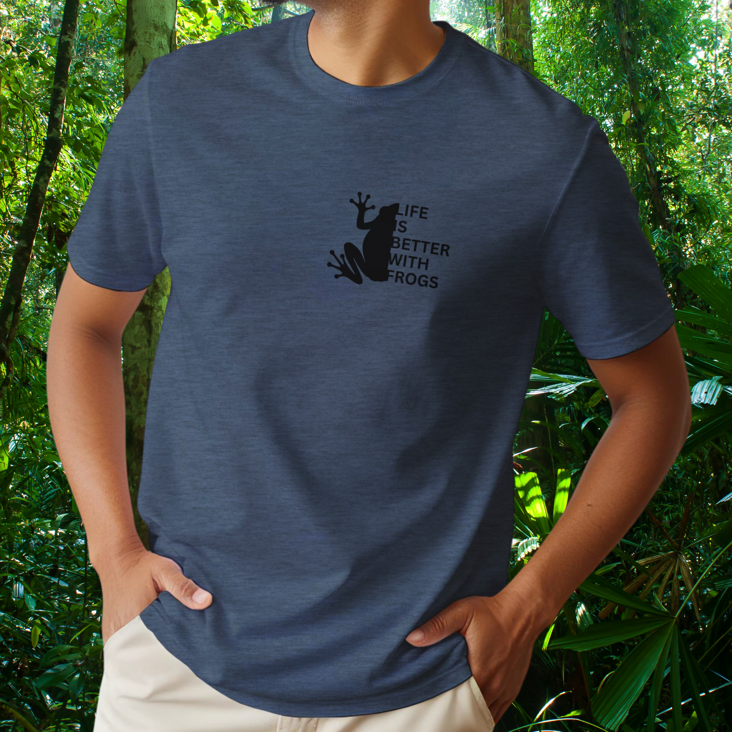 Man wearing a heather navy Frog shirt from the Life is better Collection