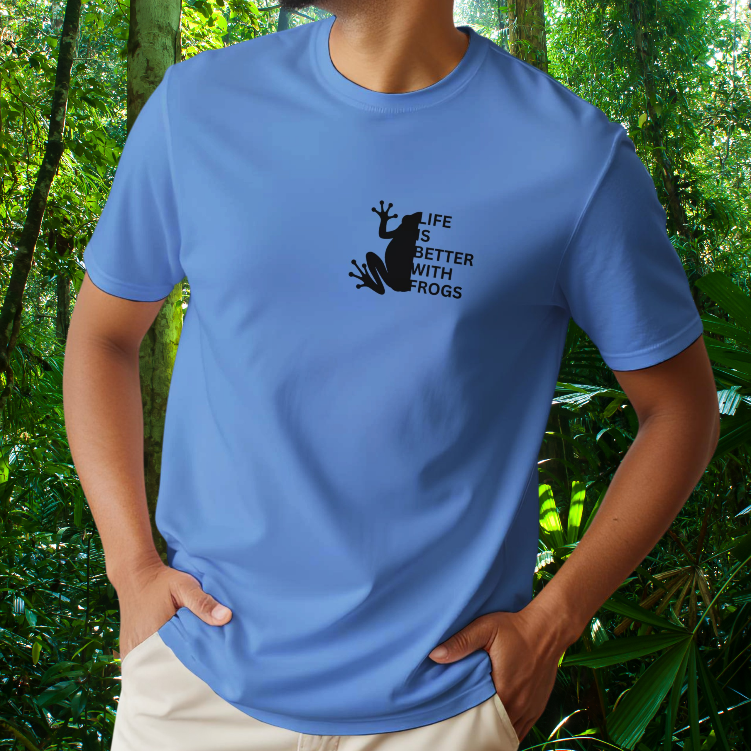 Man wearing a Carolina blue Frog shirt from the Life is better Collection