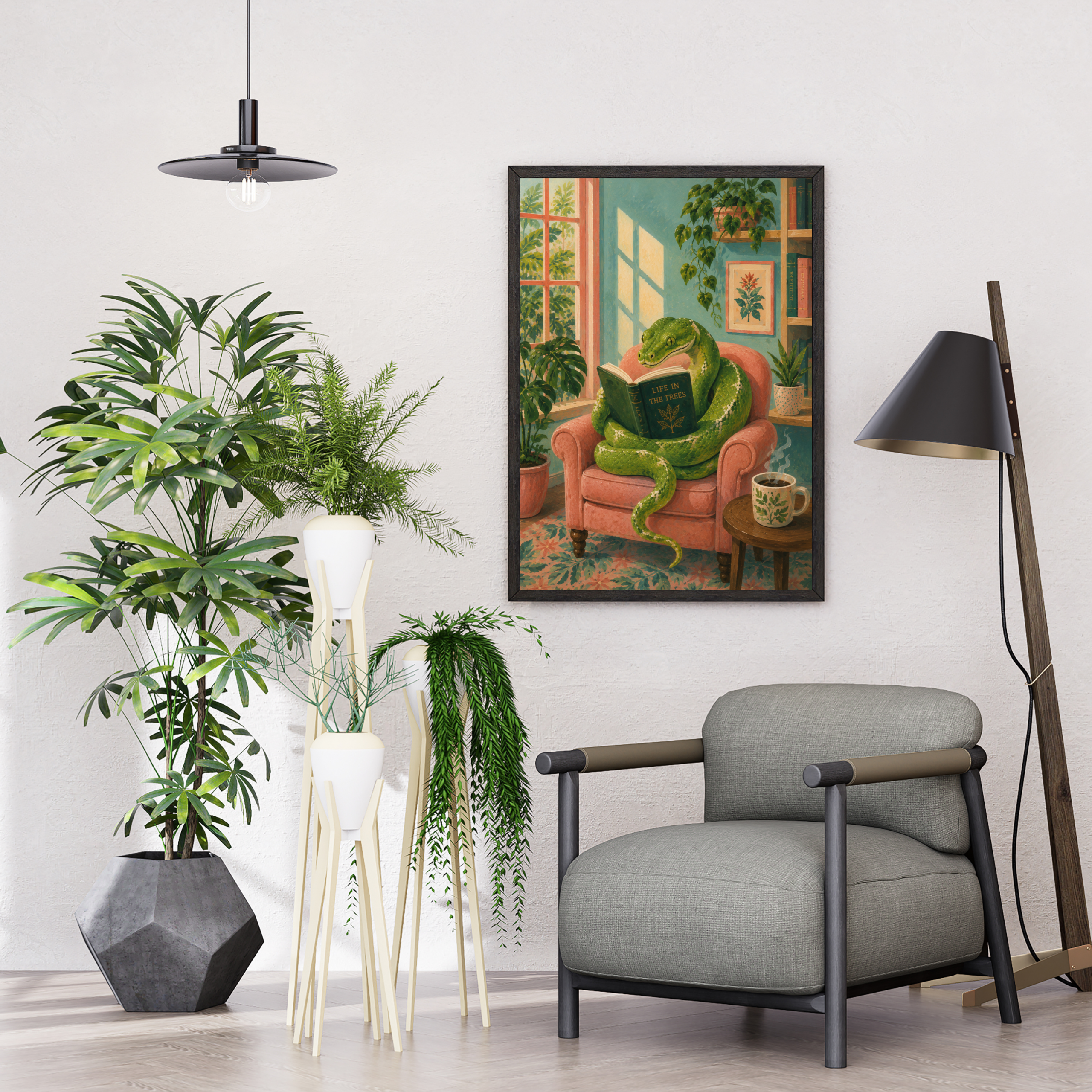 Green tree python reading a book while sitting in a vintage armchair