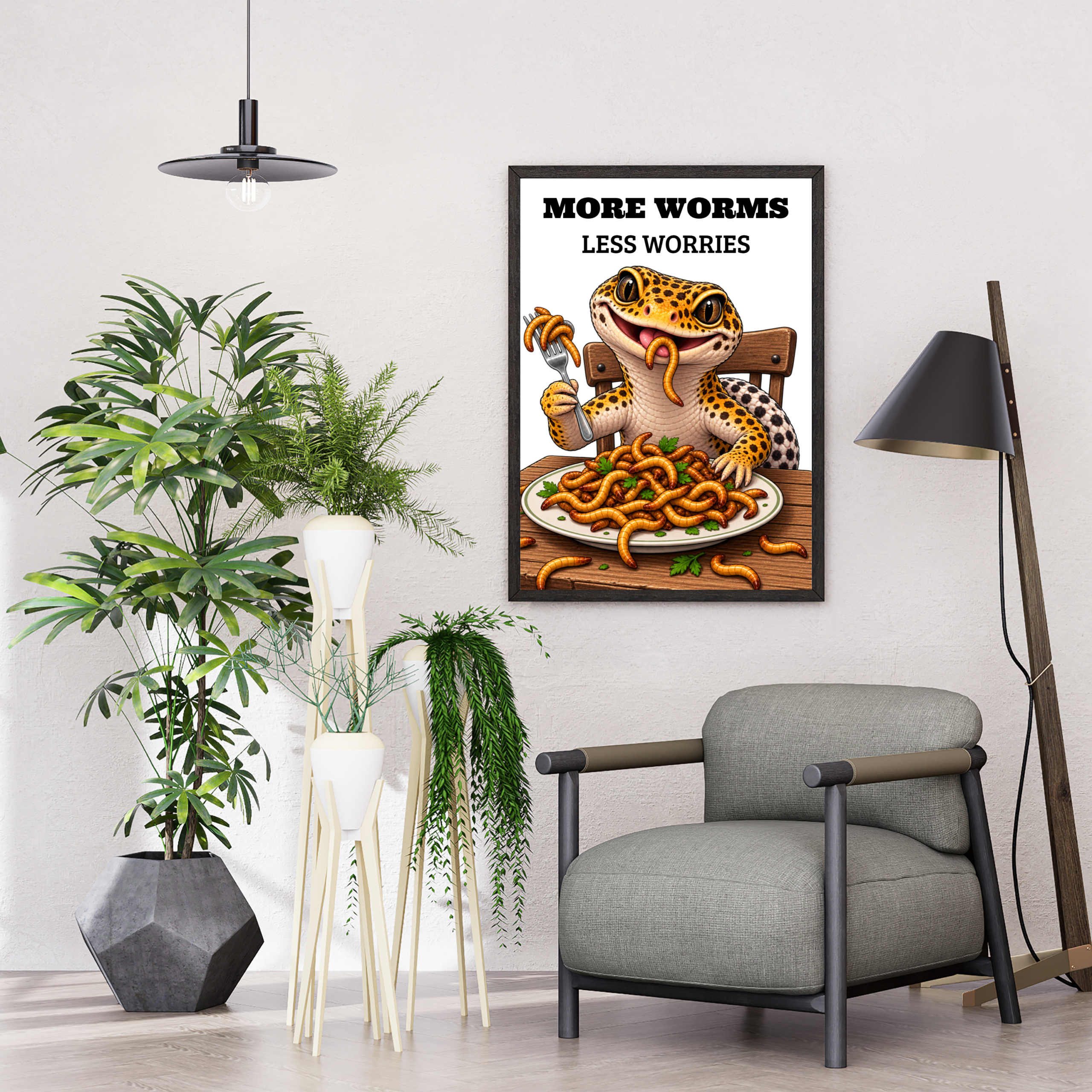 Funny leopard gecko eating worms – More Worms, Less Worries reptile poster