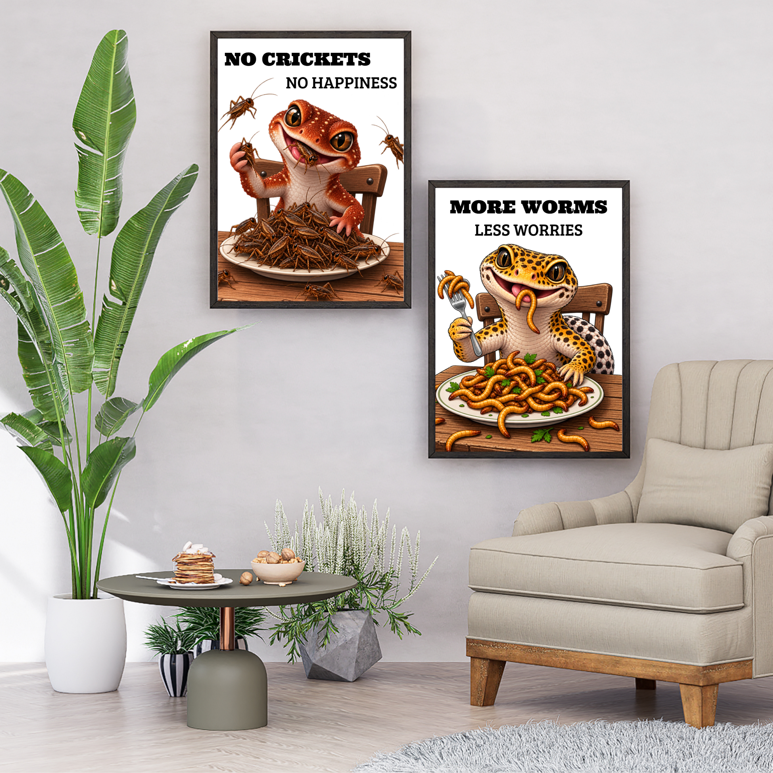 Funny leopard gecko eating worms – More Worms, Less Worries reptile poster