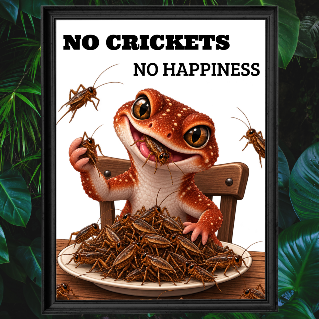 Funny gecko eating crickets – No Crickets No Happiness reptile poster