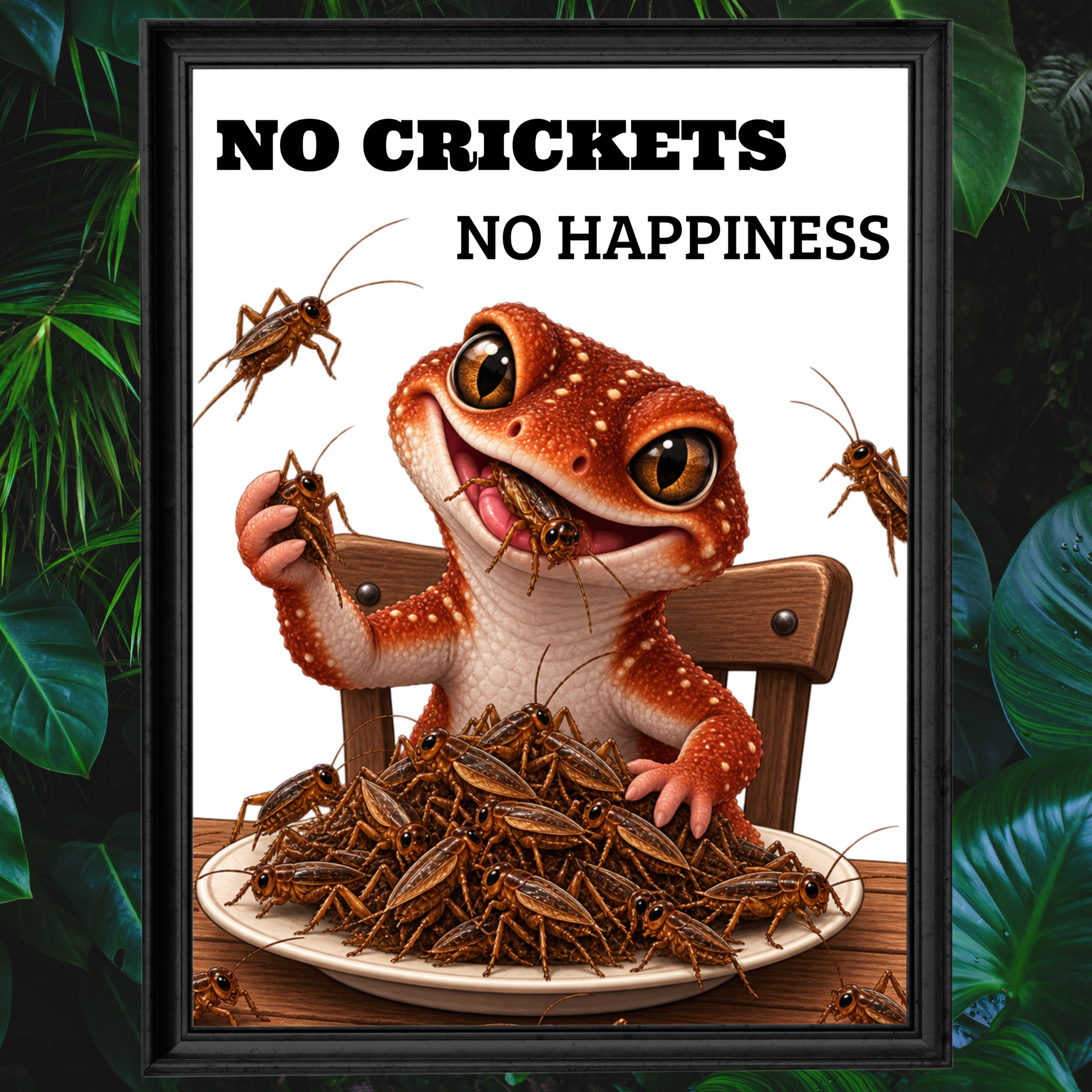 Funny gecko eating crickets – No Crickets No Happiness reptile poster