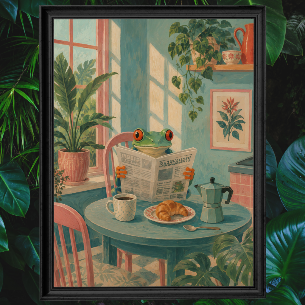 Green frog reading a newspaper at a breakfast table with coffee and a croissant