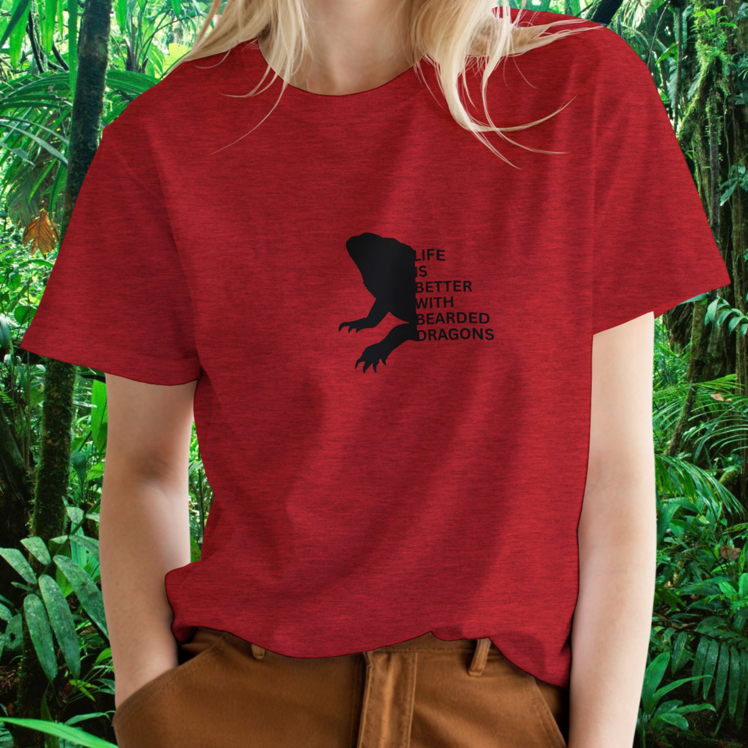Woman wearing a heather red Bearded Dragons shirt from the Life is better Collection