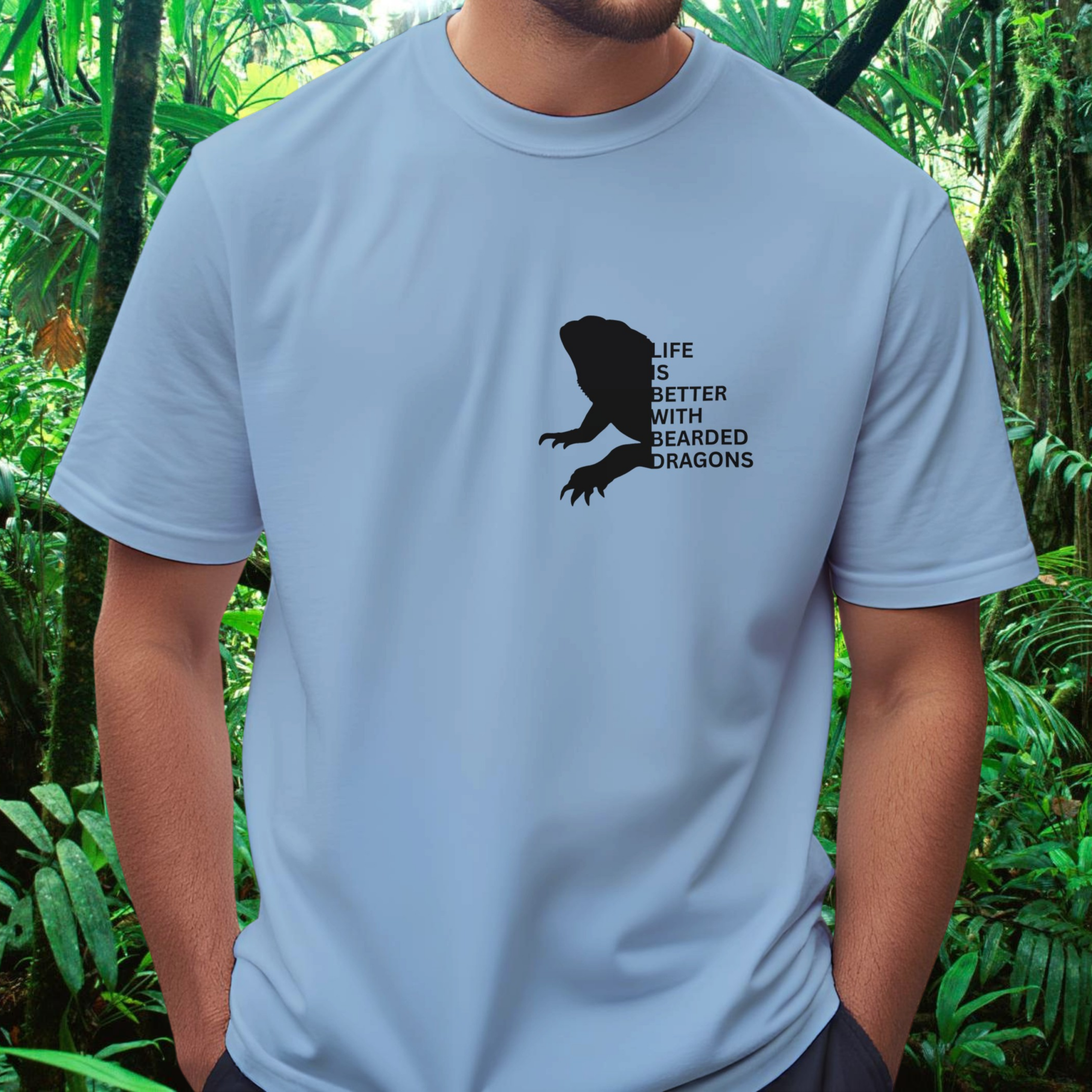 Man wearing a light blue Bearded Dragons shirt from the Life is better Collection