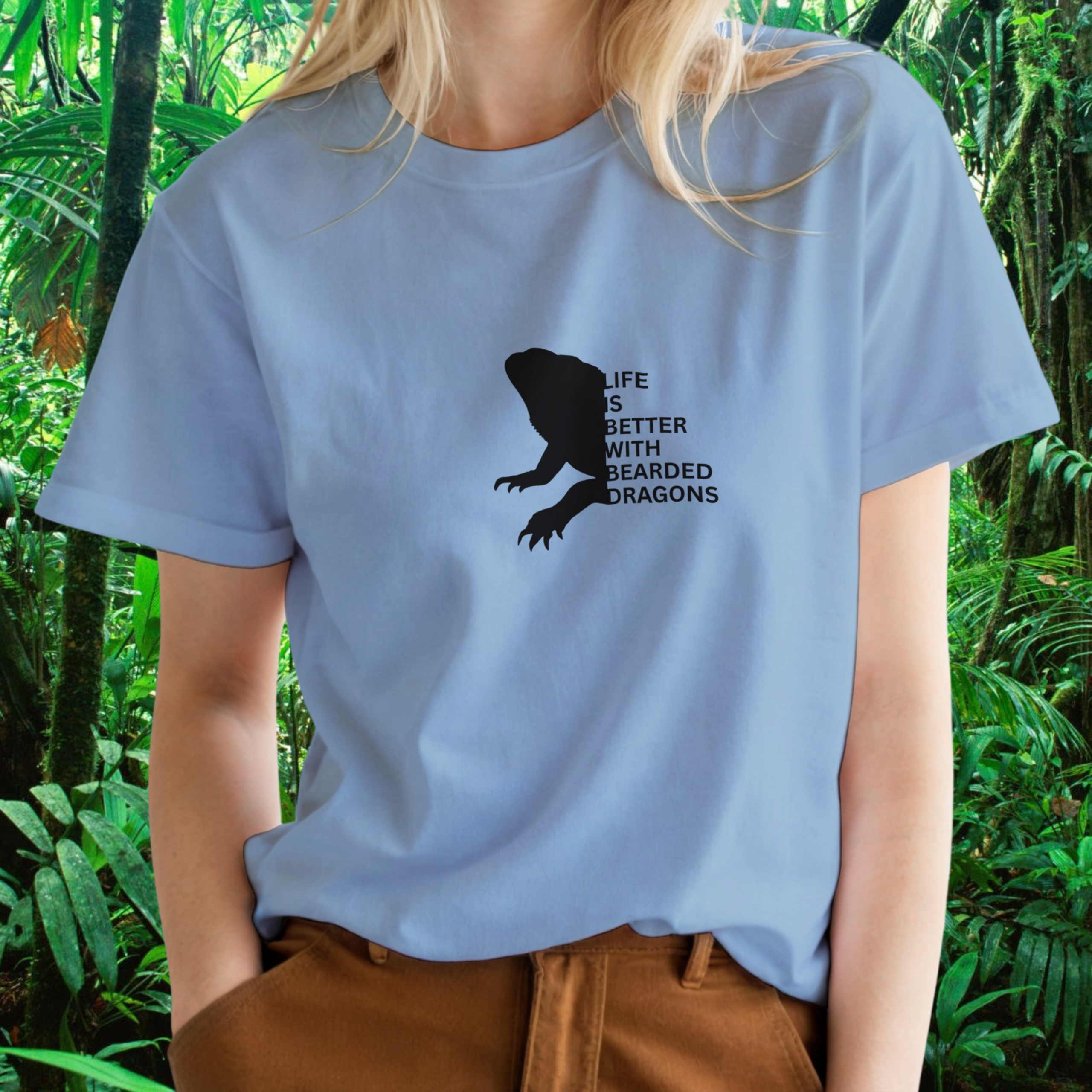 Woman wearing a light blue Bearded Dragons shirt from the Life is better Collection