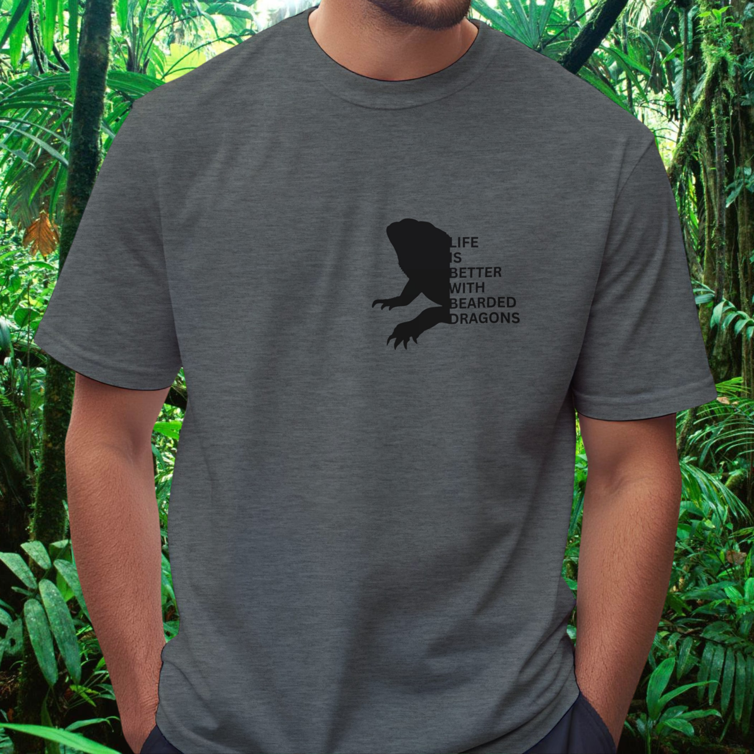 Man wearing a graphite heather Bearded Dragons shirt from the Life is better Collection