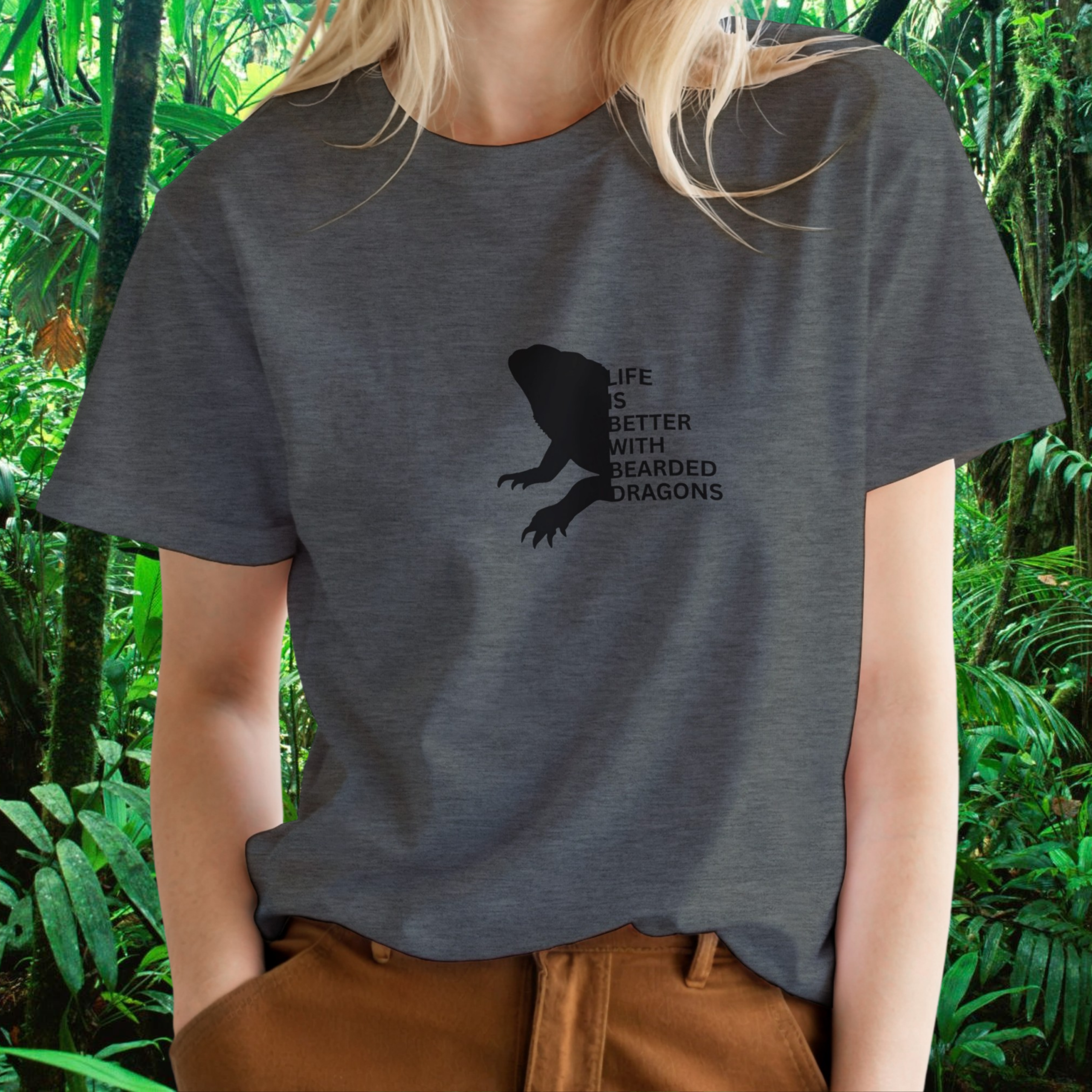 Woman wearing a graphite heather Bearded Dragons shirt from the Life is better Collection