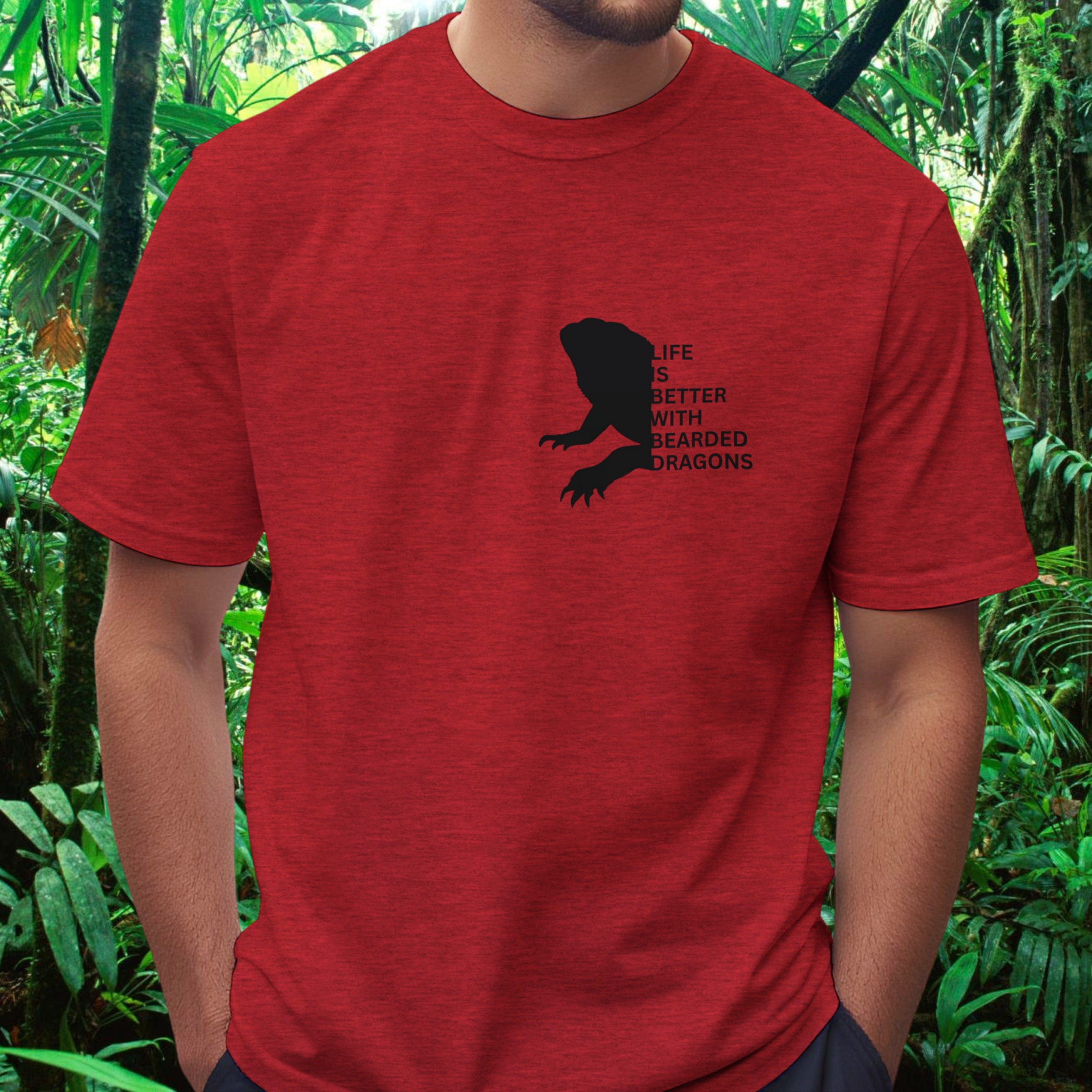 Man wearing a heather red Bearded Dragons shirt from the Life is better Collection