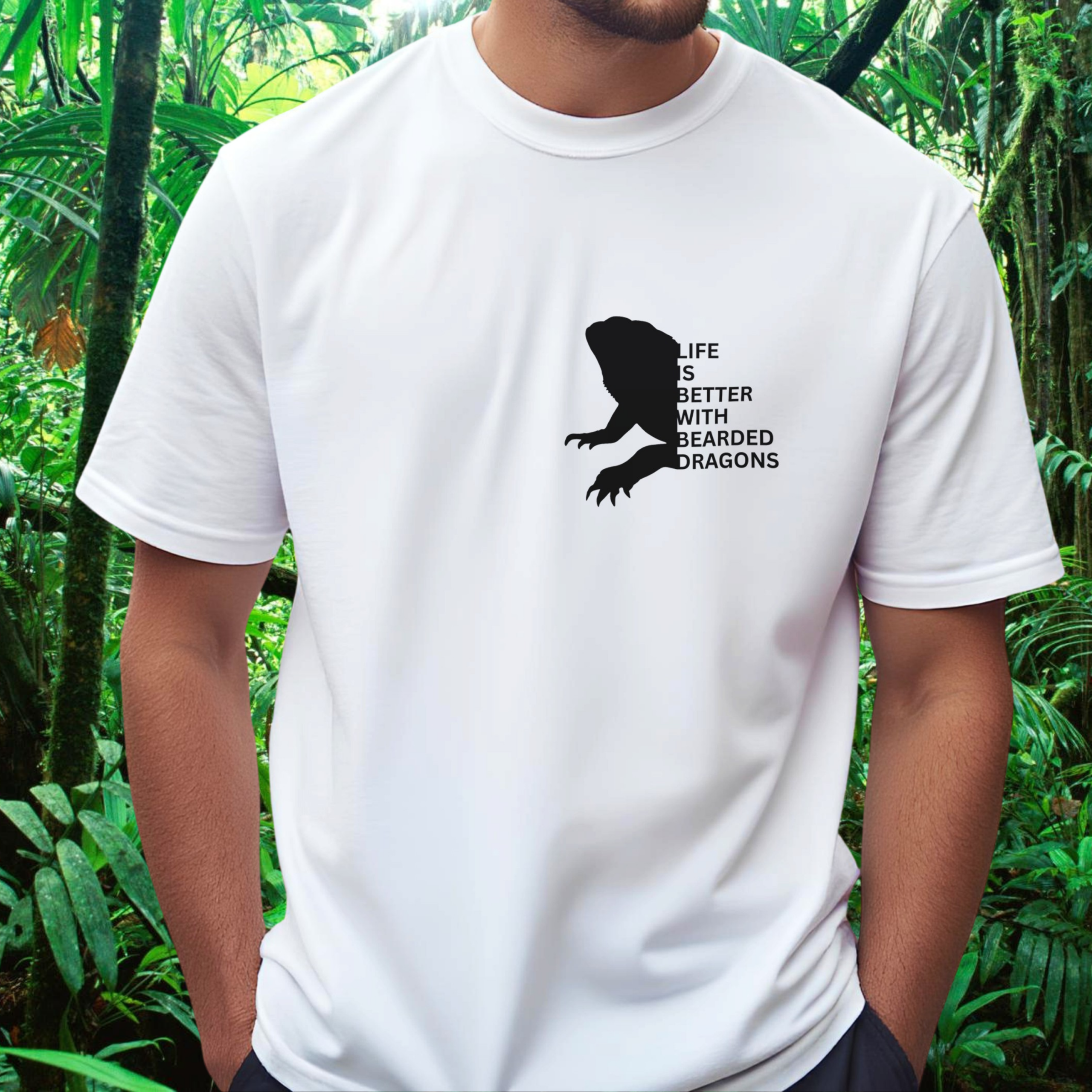 Man wearing a white Bearded Dragons shirt from the Life is better Collection