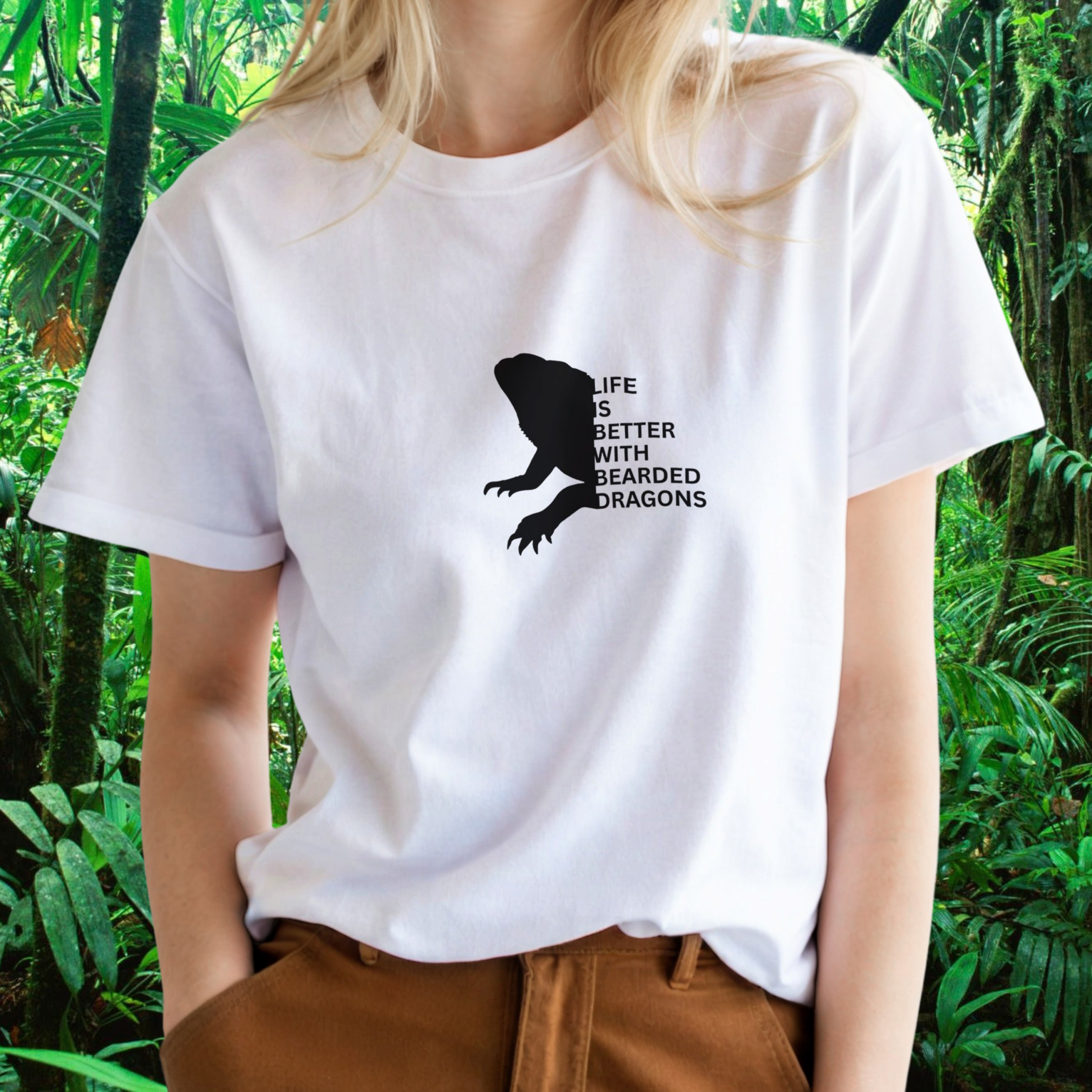 Woman wearing a white Bearded Dragons shirt from the Life is better Collection