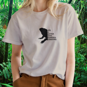 Woman wearing a sand Bearded Dragons shirt from the Life is better Collection