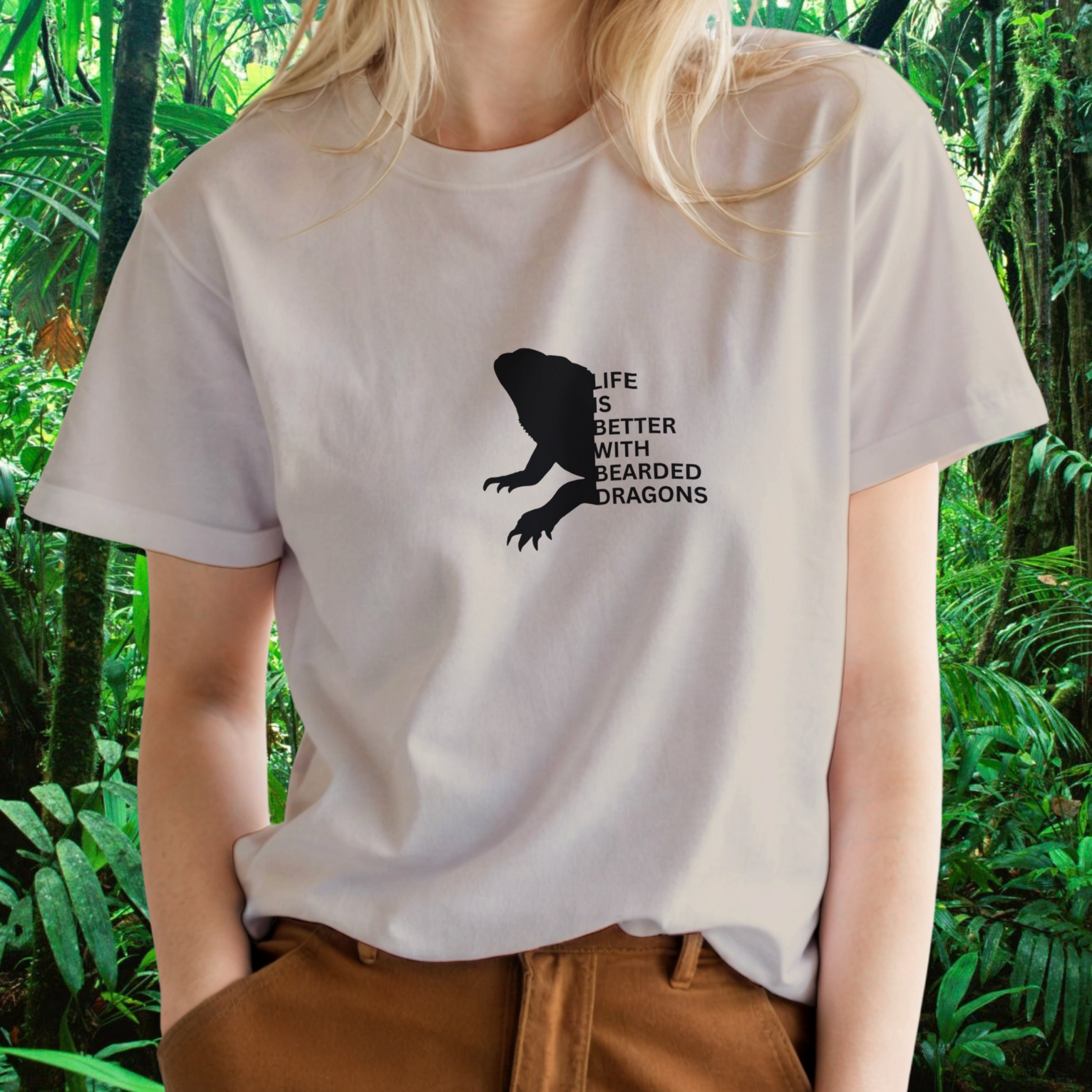 Woman wearing a sand Bearded Dragons shirt from the Life is better Collection