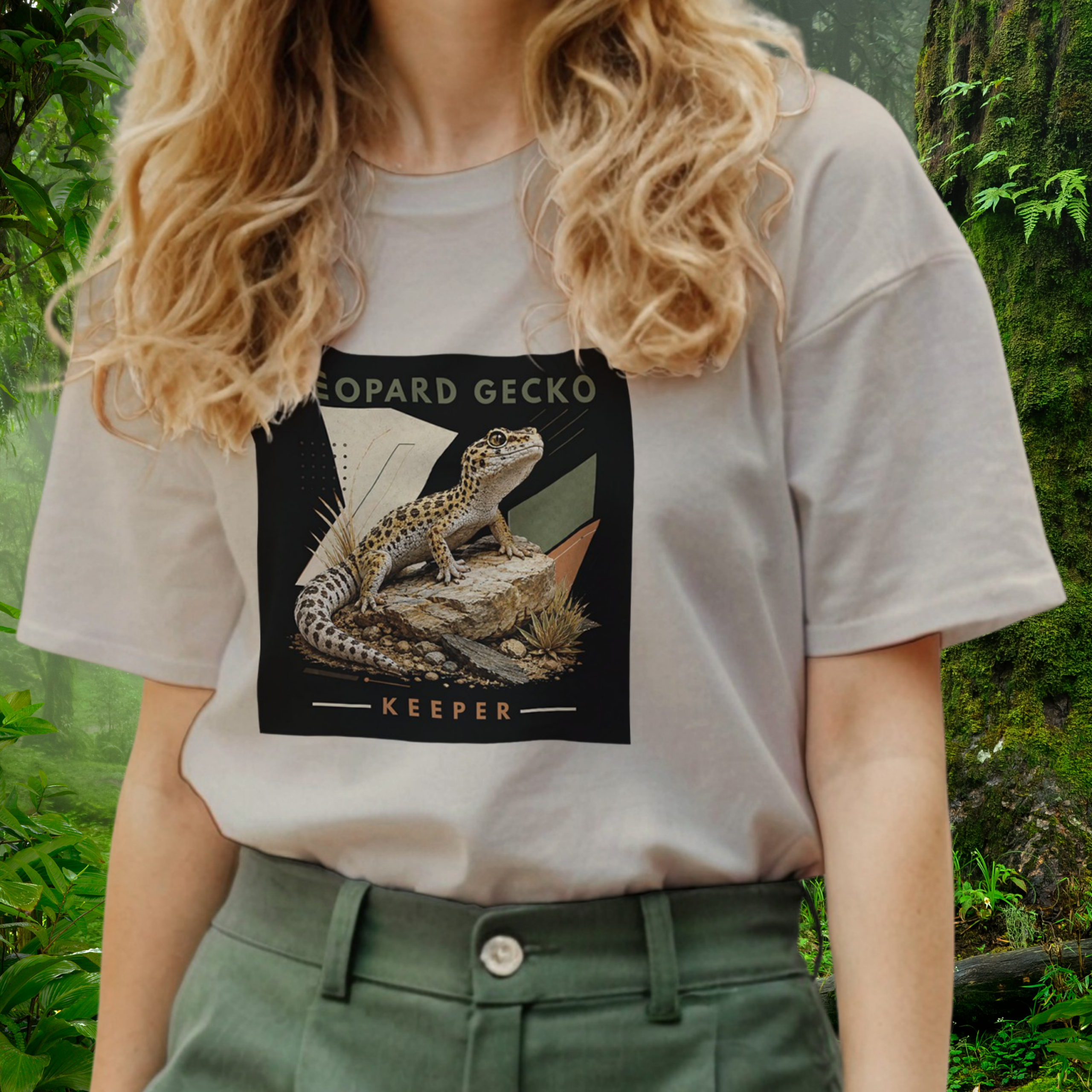 Woman wearing a sand Leopard Gecko shirt from the Keeper Collection