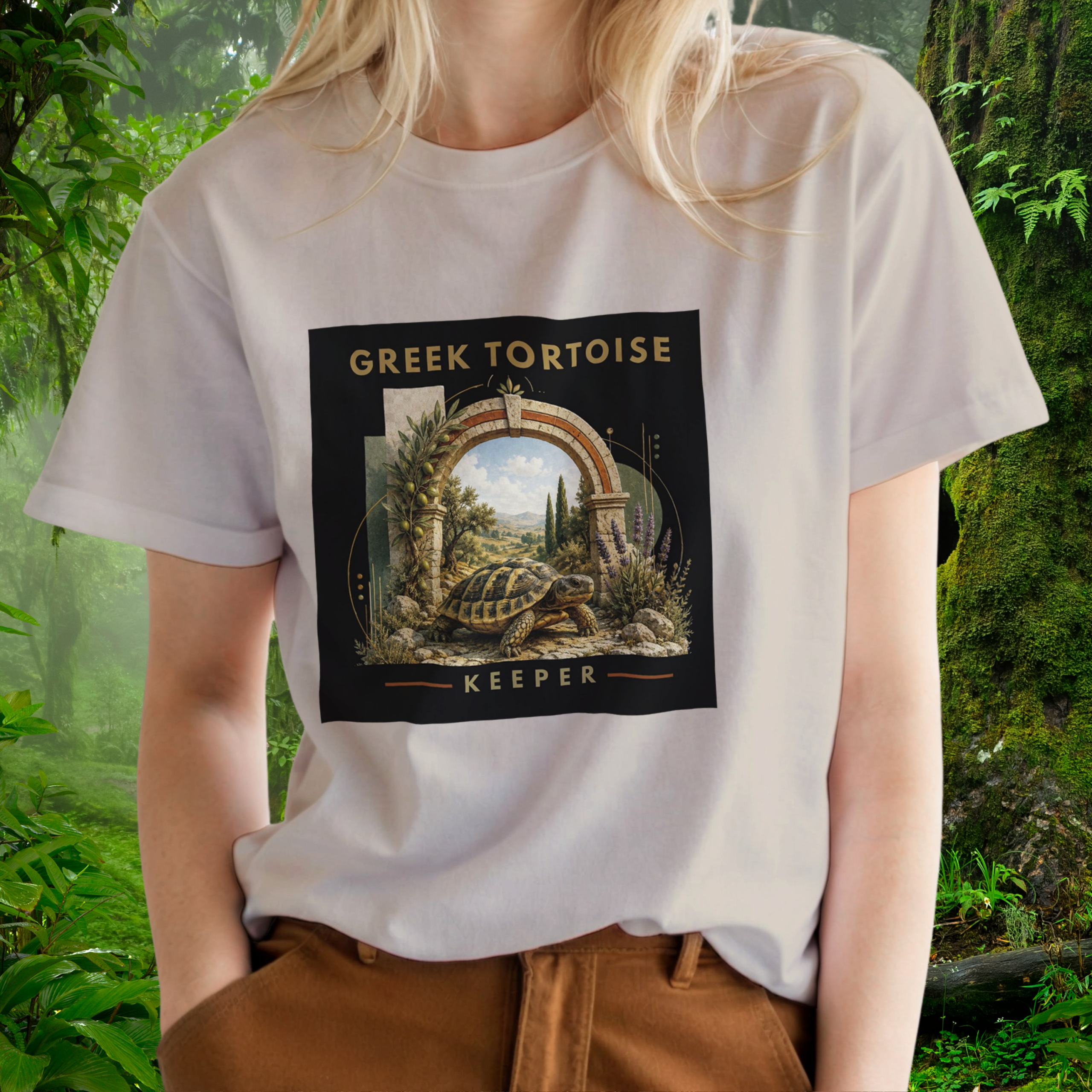 Woman wearing a sand Greek Tortoise shirt from the Keeper Collection