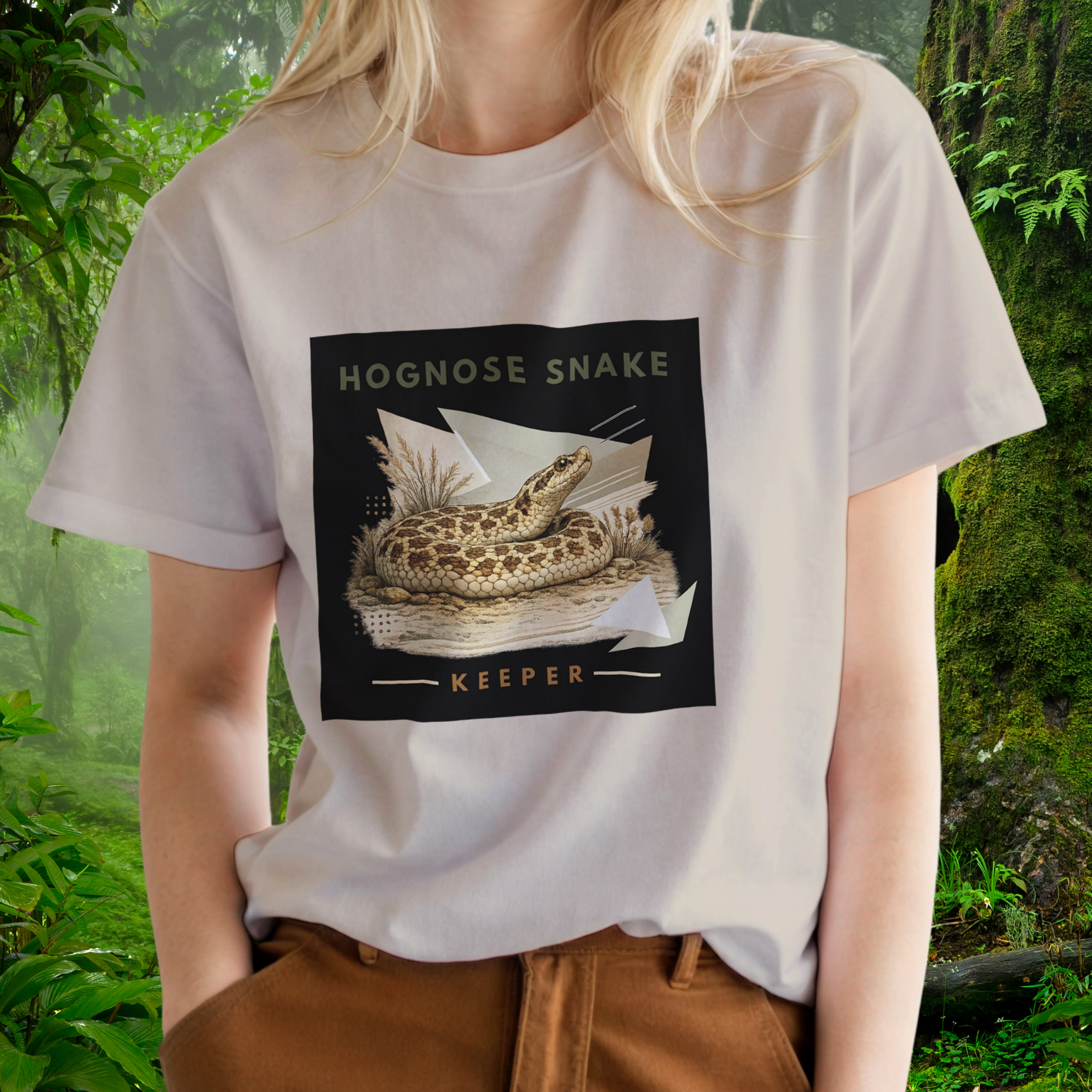 Woman wearing a sand Hognose Snake shirt from the Keeper Collection