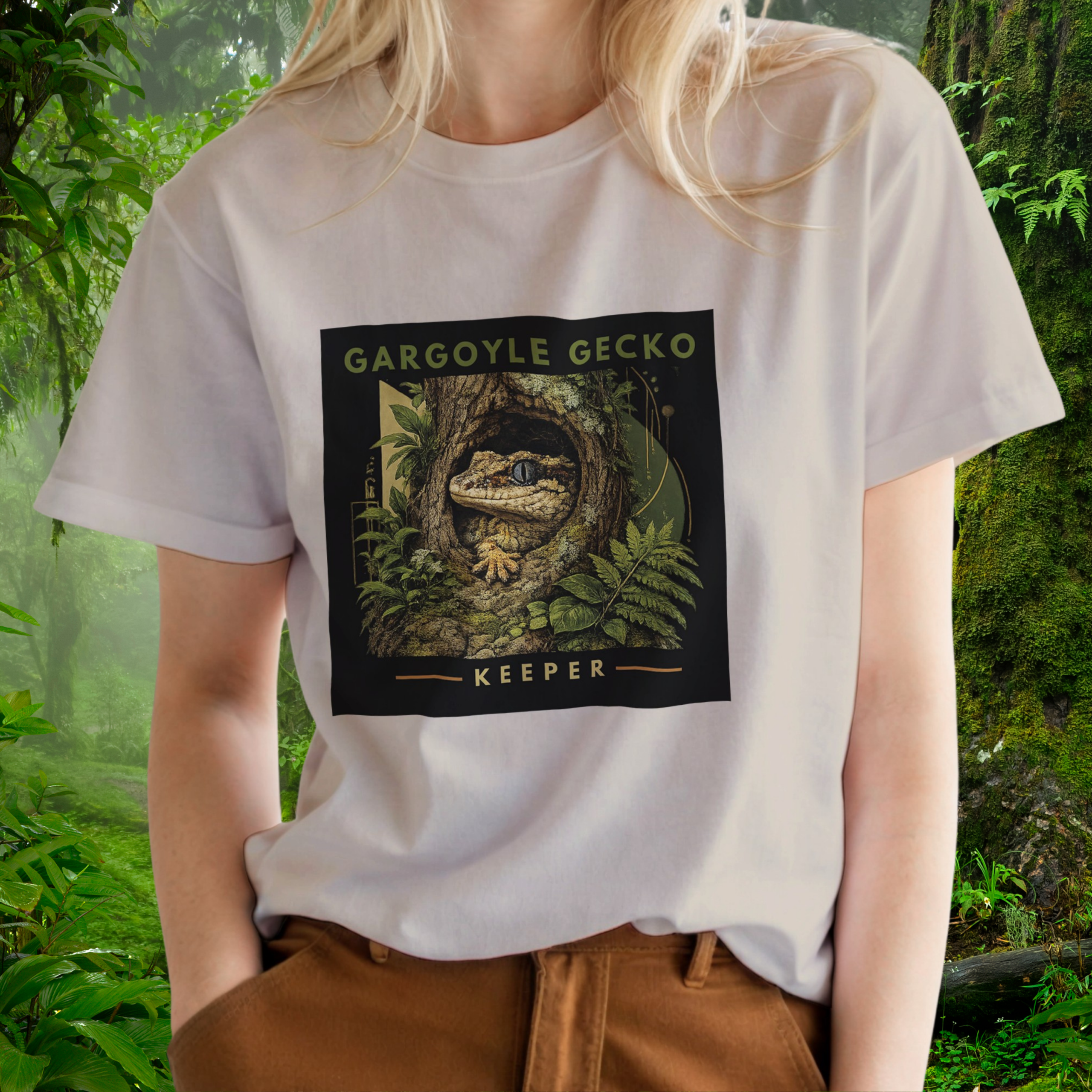 Woman wearing a sand Gargoyle Gecko shirt from the Keeper Collection