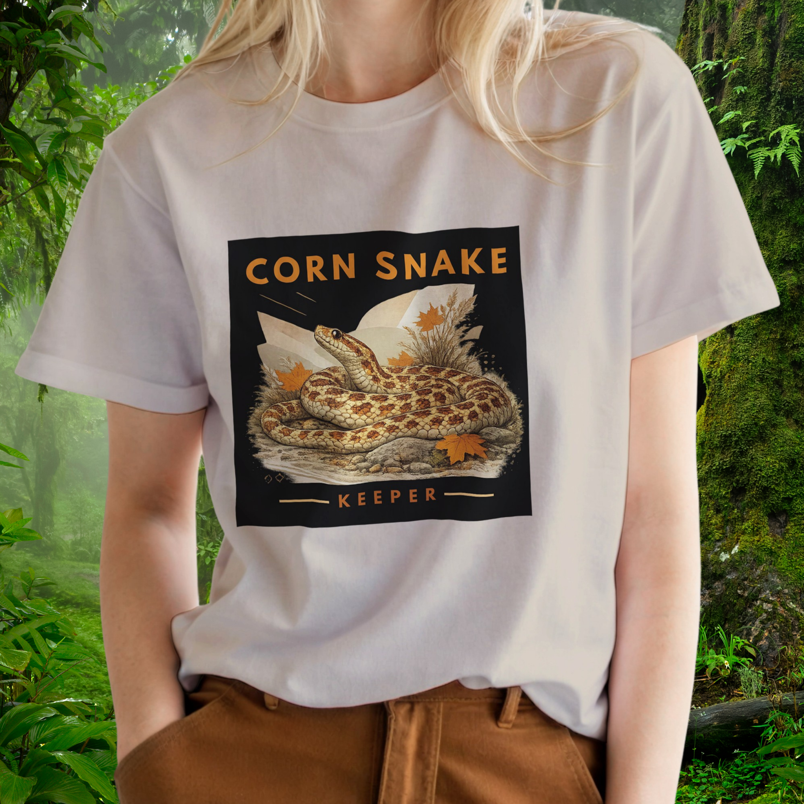 Woman wearing a sand Corn Snake shirt from the Keeper Collection