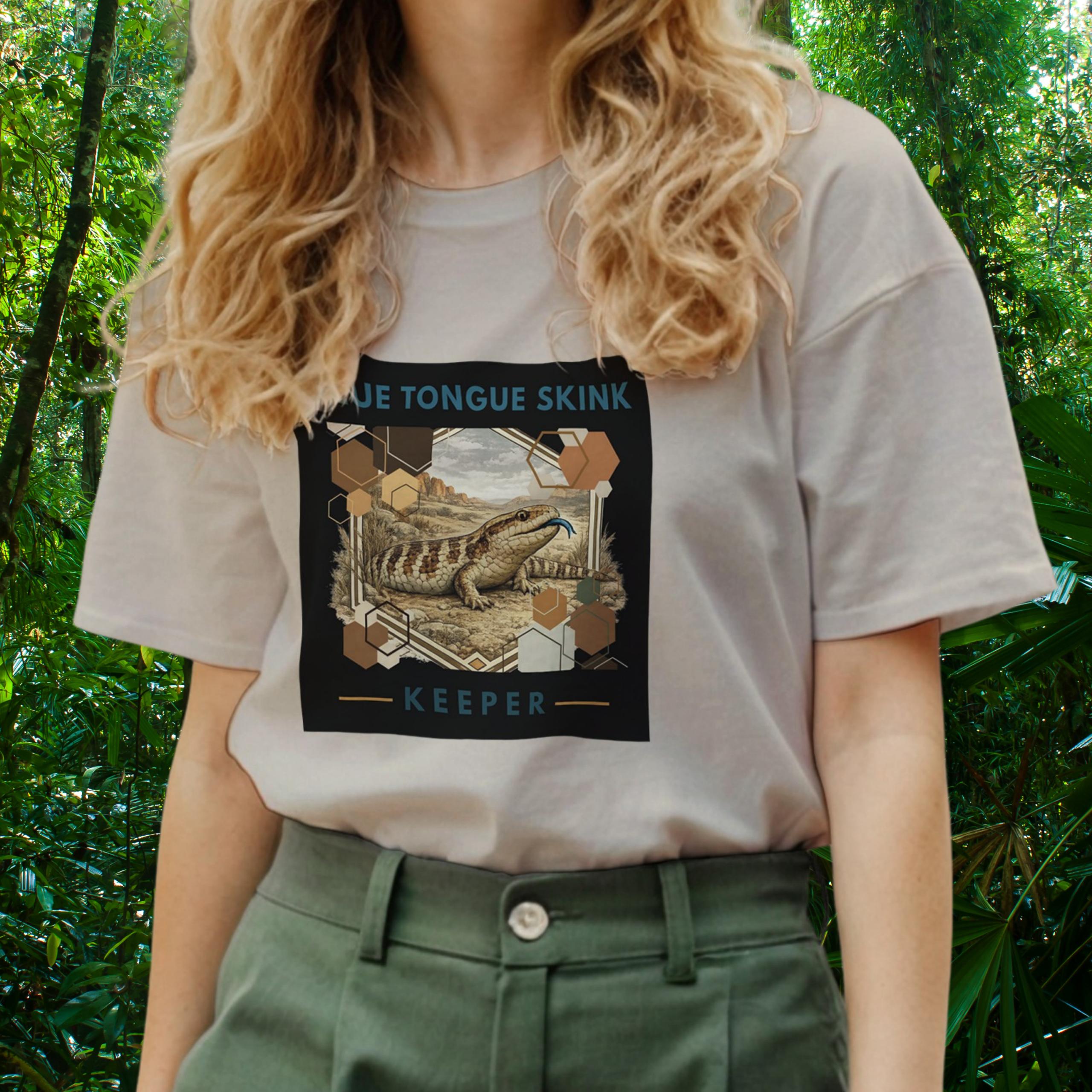 Woman wearing a sand Blue Tongue Skink shirt from the Keeper Collection