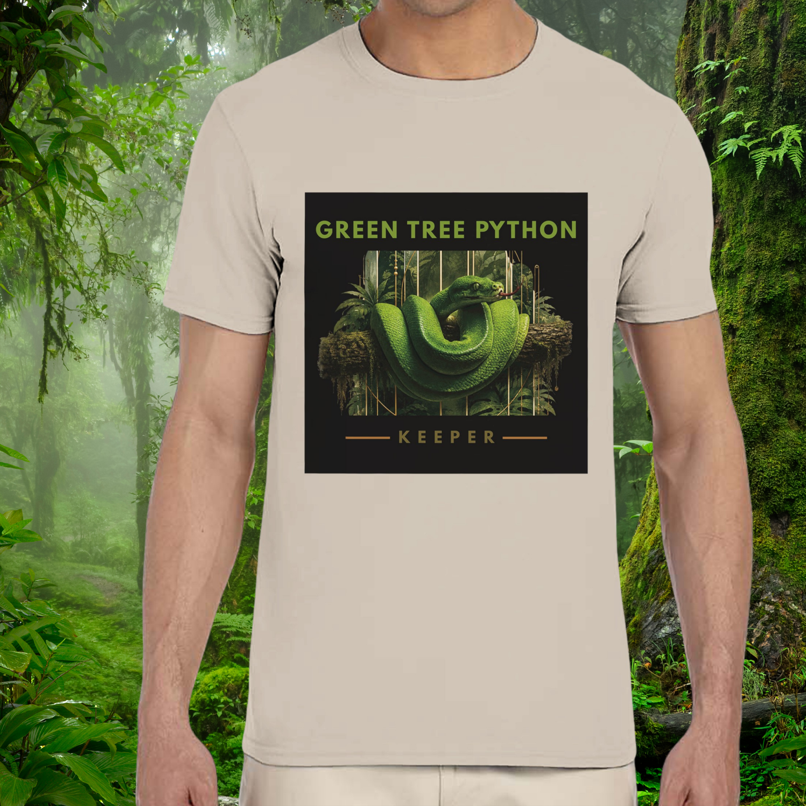 Man wearing a sand Green Tree Python shirt from the Keeper Collection